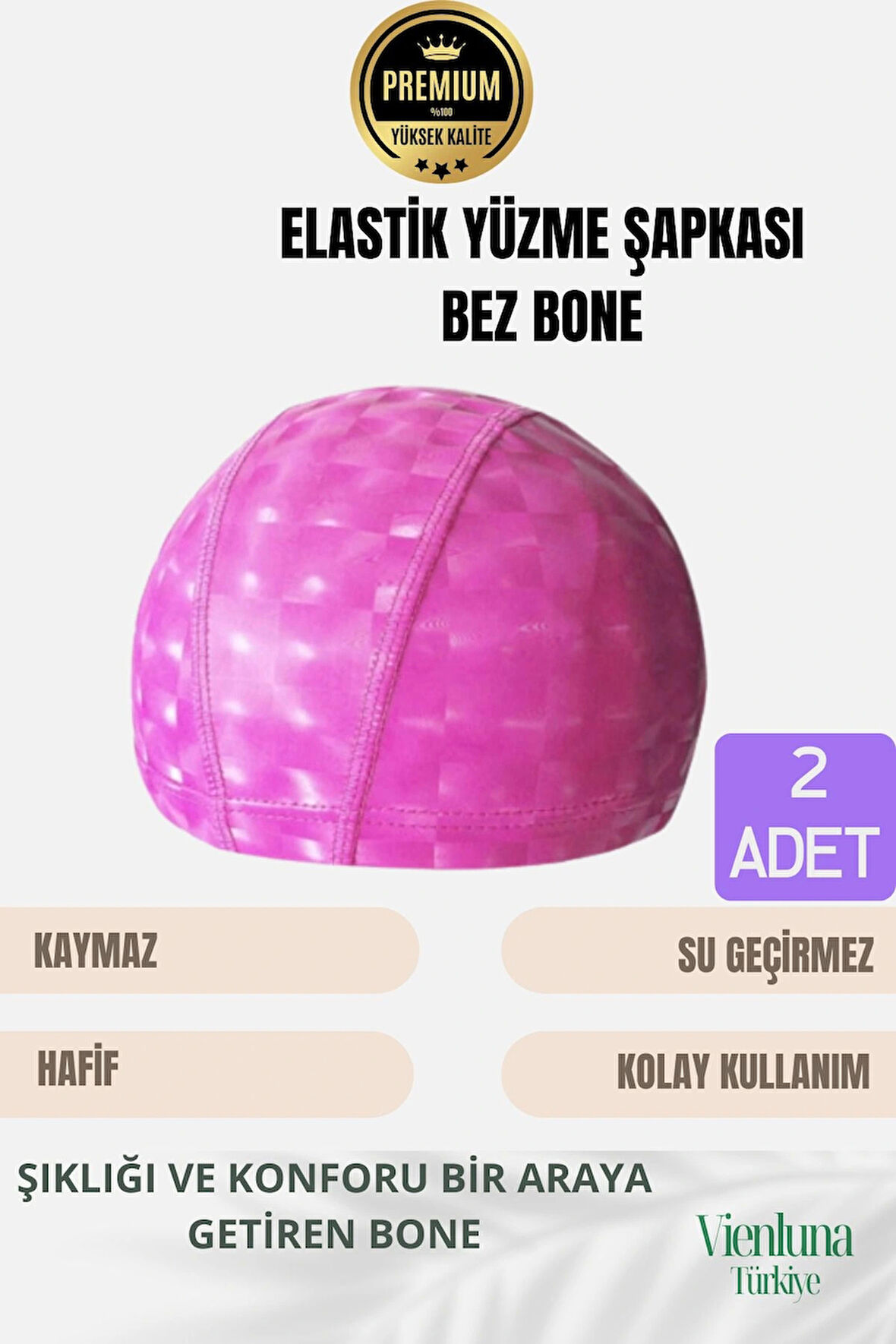 Premium Seri Su Geçirmez Bez Bone Havuz ve Deniz İçin İdeal Elastik Yüzme Şapkası Çift Paket