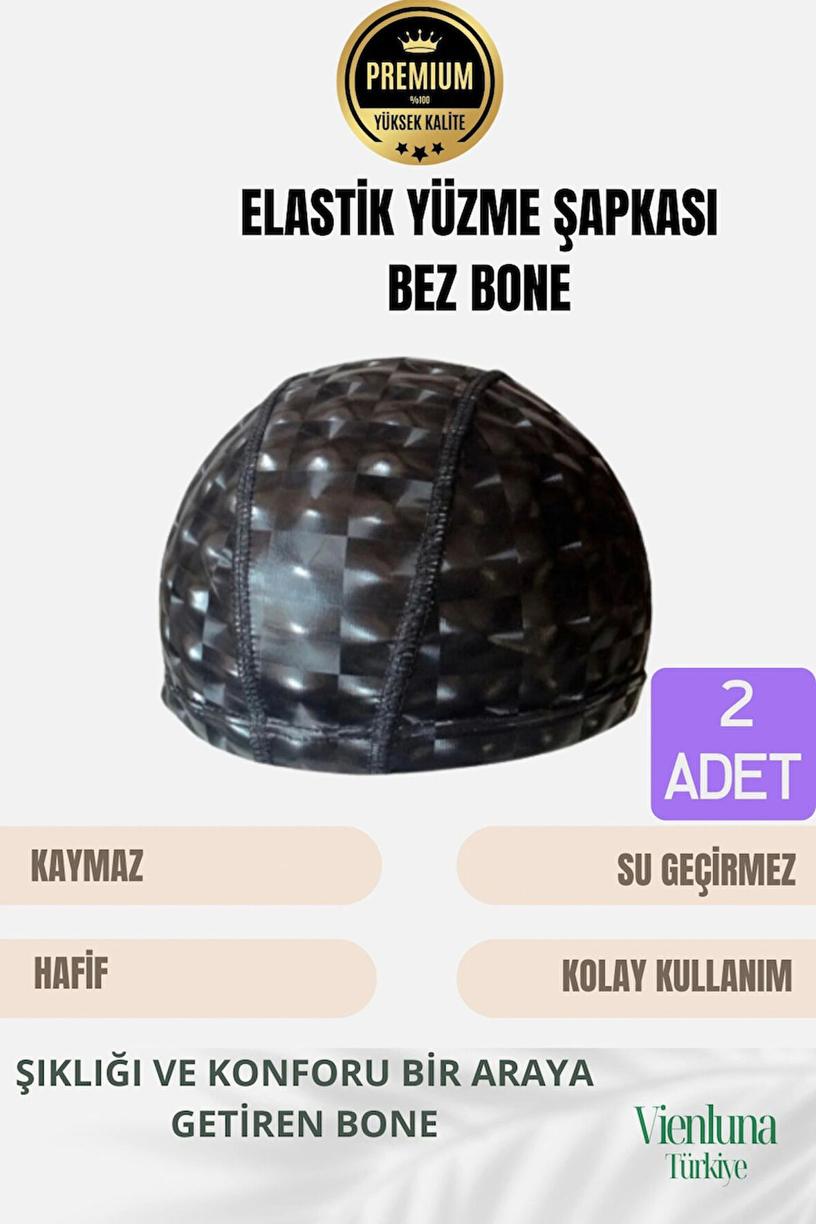 Premium Seri Su Geçirmez Bez Bone Havuz ve Deniz İçin İdeal Elastik Yüzme Şapkası Çift Paket