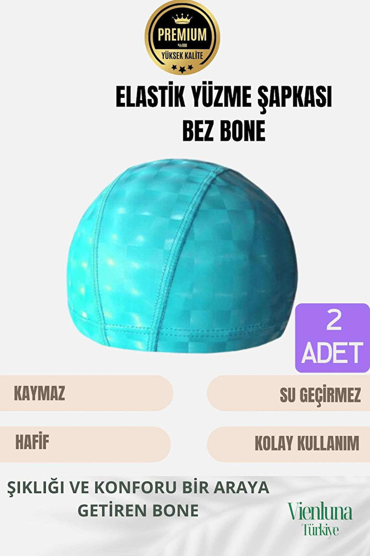 Premium Seri Su Geçirmez Bez Bone Havuz ve Deniz İçin İdeal Elastik Yüzme Şapkası Çift Paket