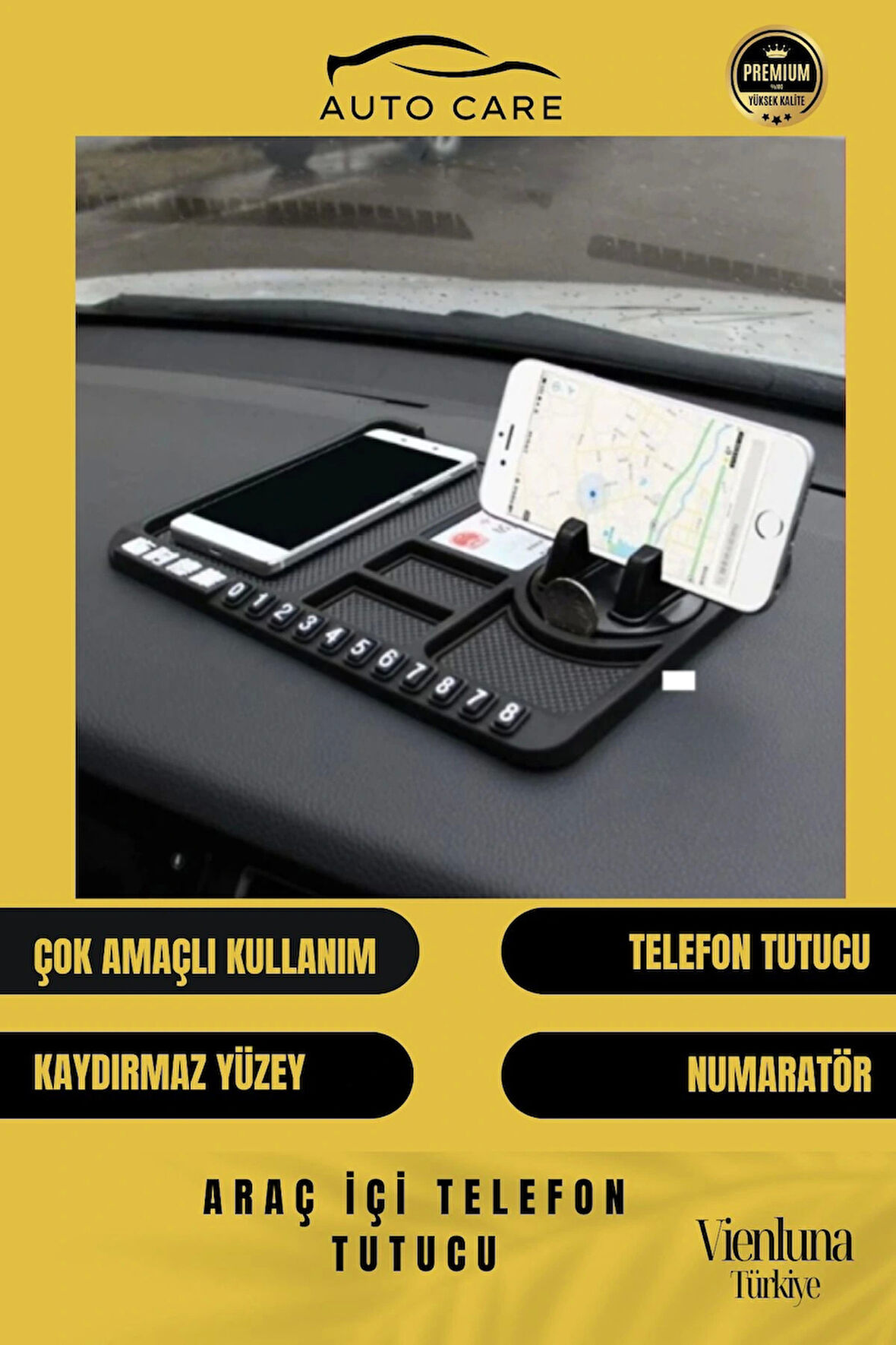 Premium Üretim Kaydırmaz Çizdirmez Numaratörlü  Araç İçi Telefon Tutucu Organizer