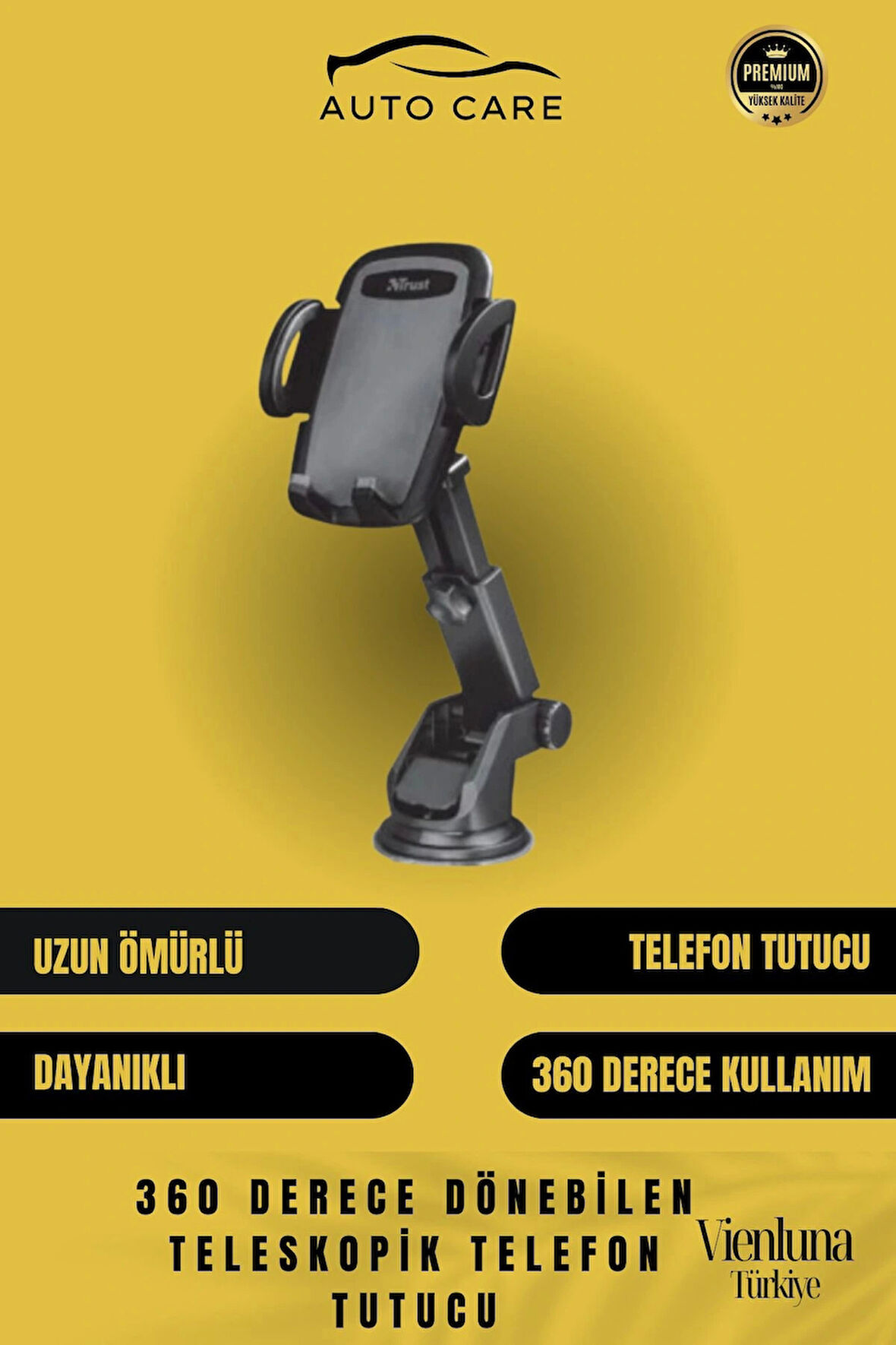 Premium Dayanıklı Vantuzlu Sağlam Çok Fonksiyonlu 360 Derece Dönebilen Teleskopik Telefon Tutucu