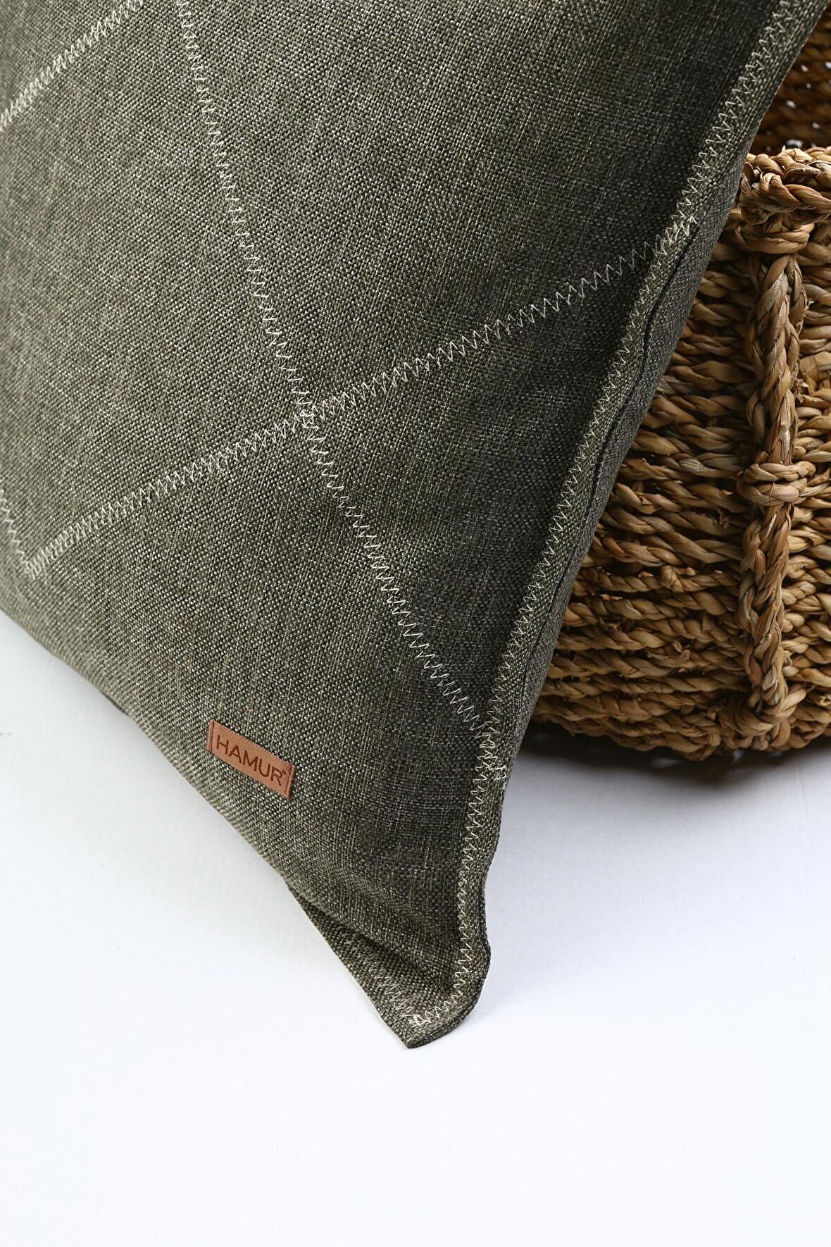 Etnik Vintage İşlemeli Dokuma Kırlent Kılıfı Boho Zigzag Haki