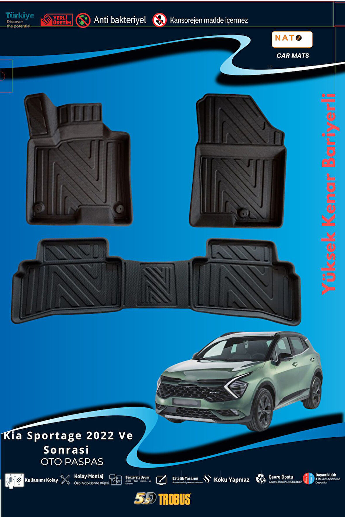 Kia Sportage 2022 Ve Sonrasi  için 5,5D Carbon Style Havuzlu Paspas - TPE Malzeme
