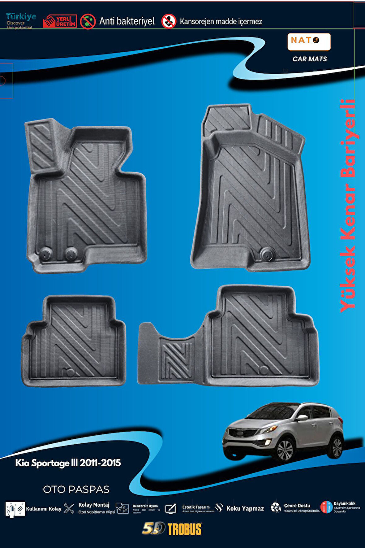 Kia Sportage lll 2011-2015 için 5,5D Carbon Style Havuzlu Paspas - TPE Malzeme