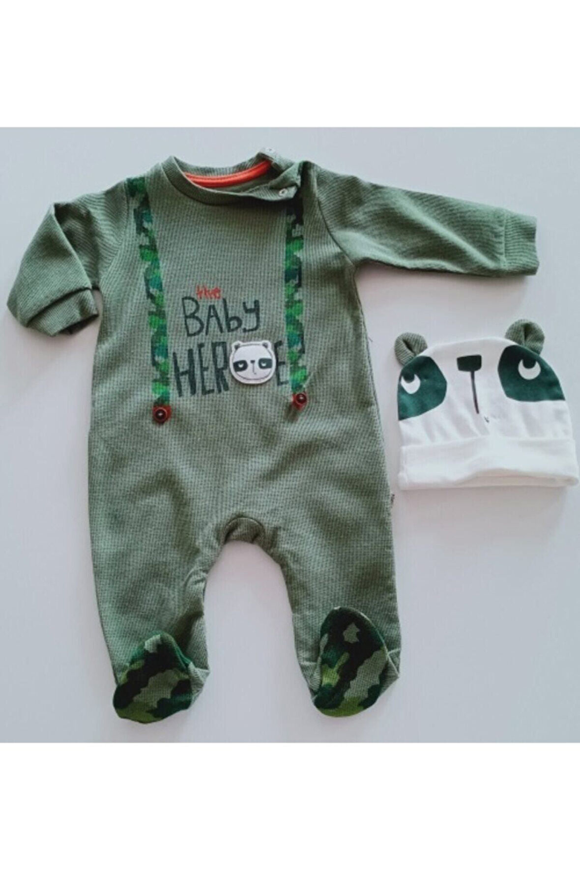 Erkek Bebek Yeşil Hero Tulum Şapkalı