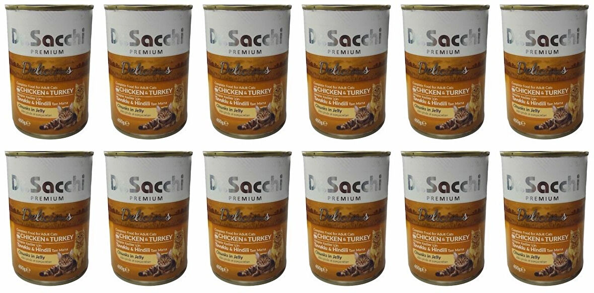 DR. SACCHI TAVUKLU VE HİNDİLİ YETİŞKİN KEDİ KONSERVESİ 400 GR X 12 ADET