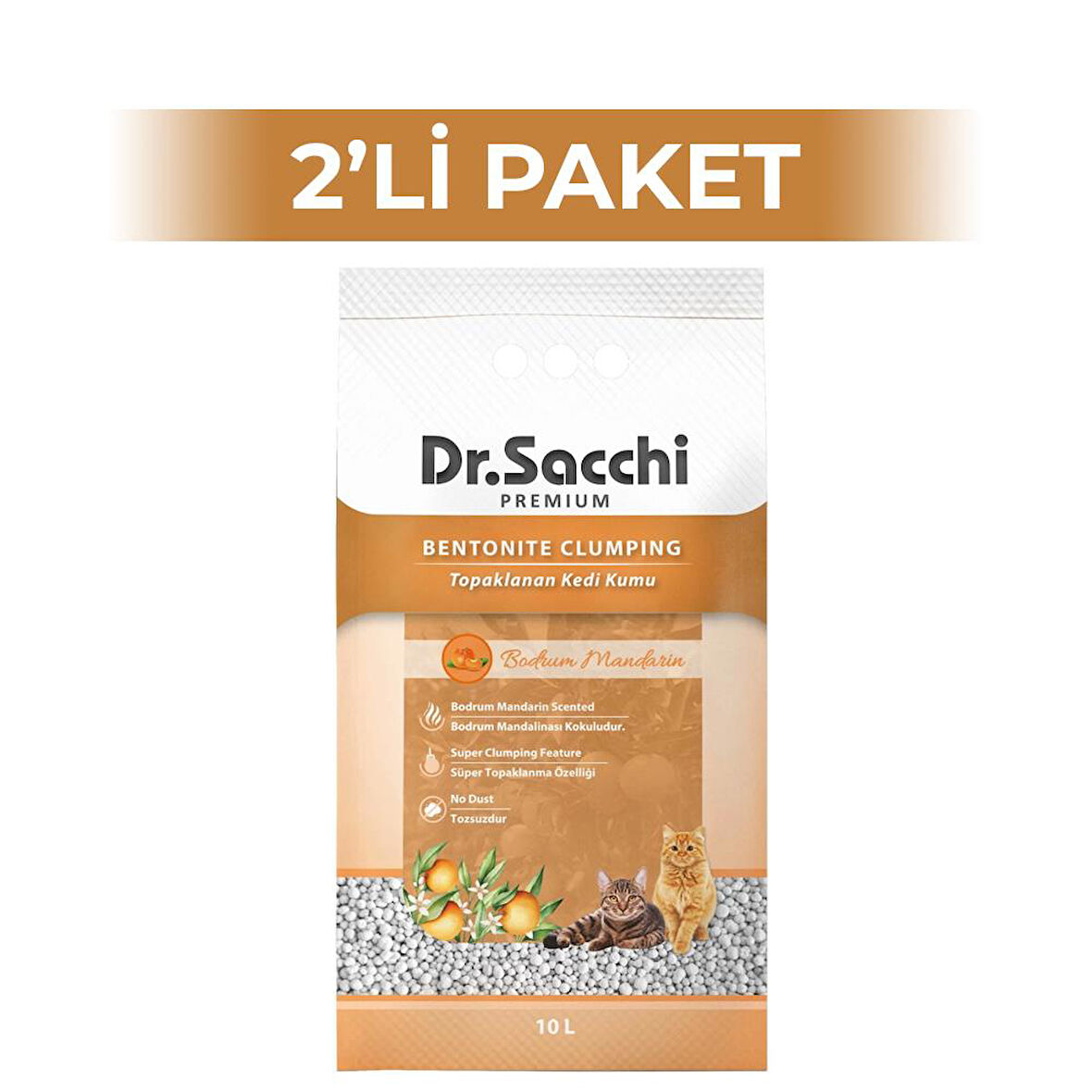 Dr.Sacchi Süper Emici Bodrum Mandalinalı Topaklanan Bentonit Doğal Kedi Kumu 10 lt 2 Adet