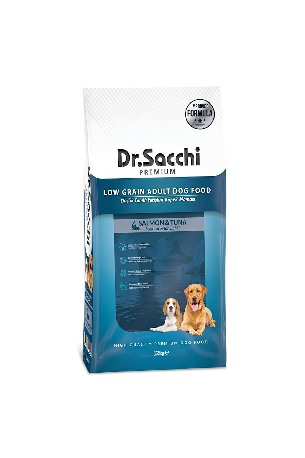 Dr.Sacchi Premium Düşük Tahıllı Somonlu ve Ton Balıklı Yetişkin Köpek Maması 12 Kg