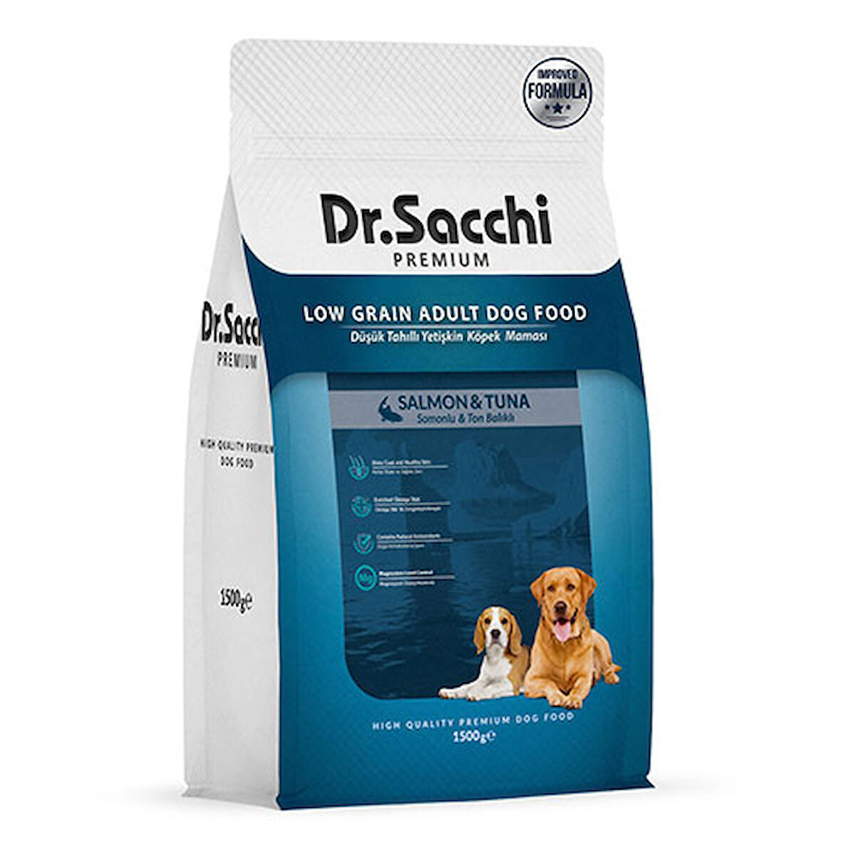 Dr.Sacchi Premium Somonlu ve Ton Balıklı Düşük Tahıllı Yetişkin Köpek Maması 1,5 Kg 