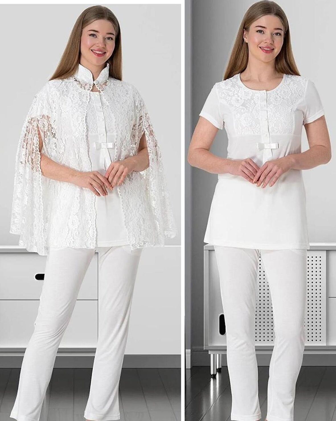 Mecit 5803 Ekru Dantel Pelerinli Şık Hamile Lohusa 3 LÜ Pijama Tk