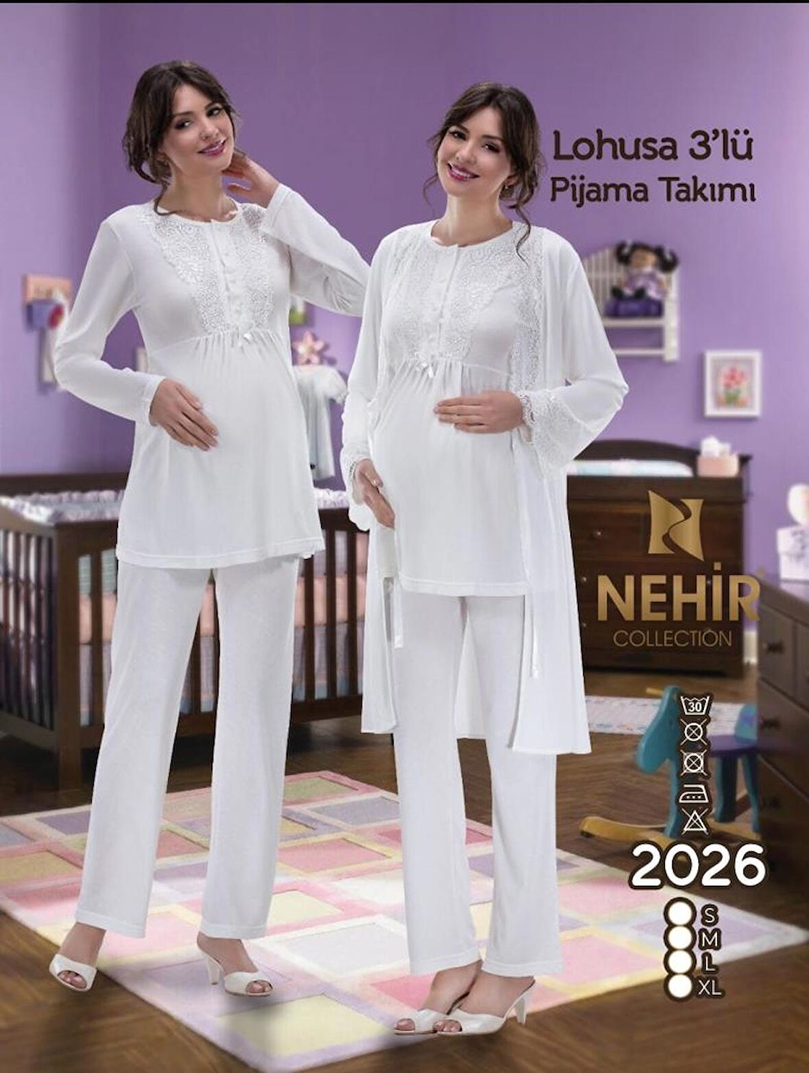 NEHİR 2026 Hamile Lohusa 3 Lü Pijama Sabahlık TK