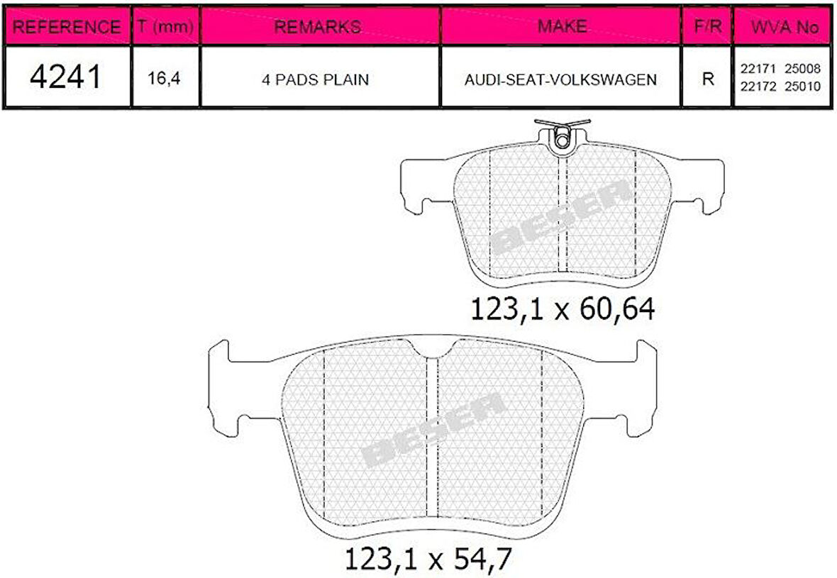 Vag Arka Fren Balatası Golf VII A3 1,2 / 1,4tfsi 1,6 / 2,0tdi 12> - Beser 4241