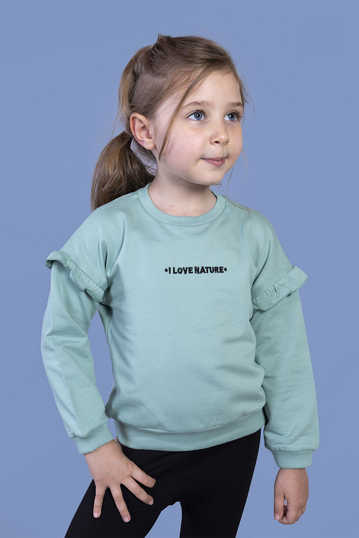 Toontoy Kız Çocuk Kolları Fırfır Detaylı Nakışlı Sweatshirt