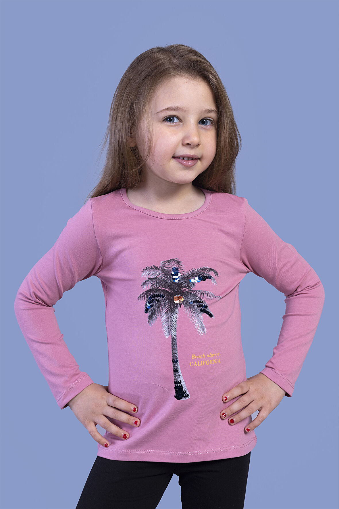 Toontoy Kız Çocuk Palmiye Baskılı Pul İşlemeli Tişört