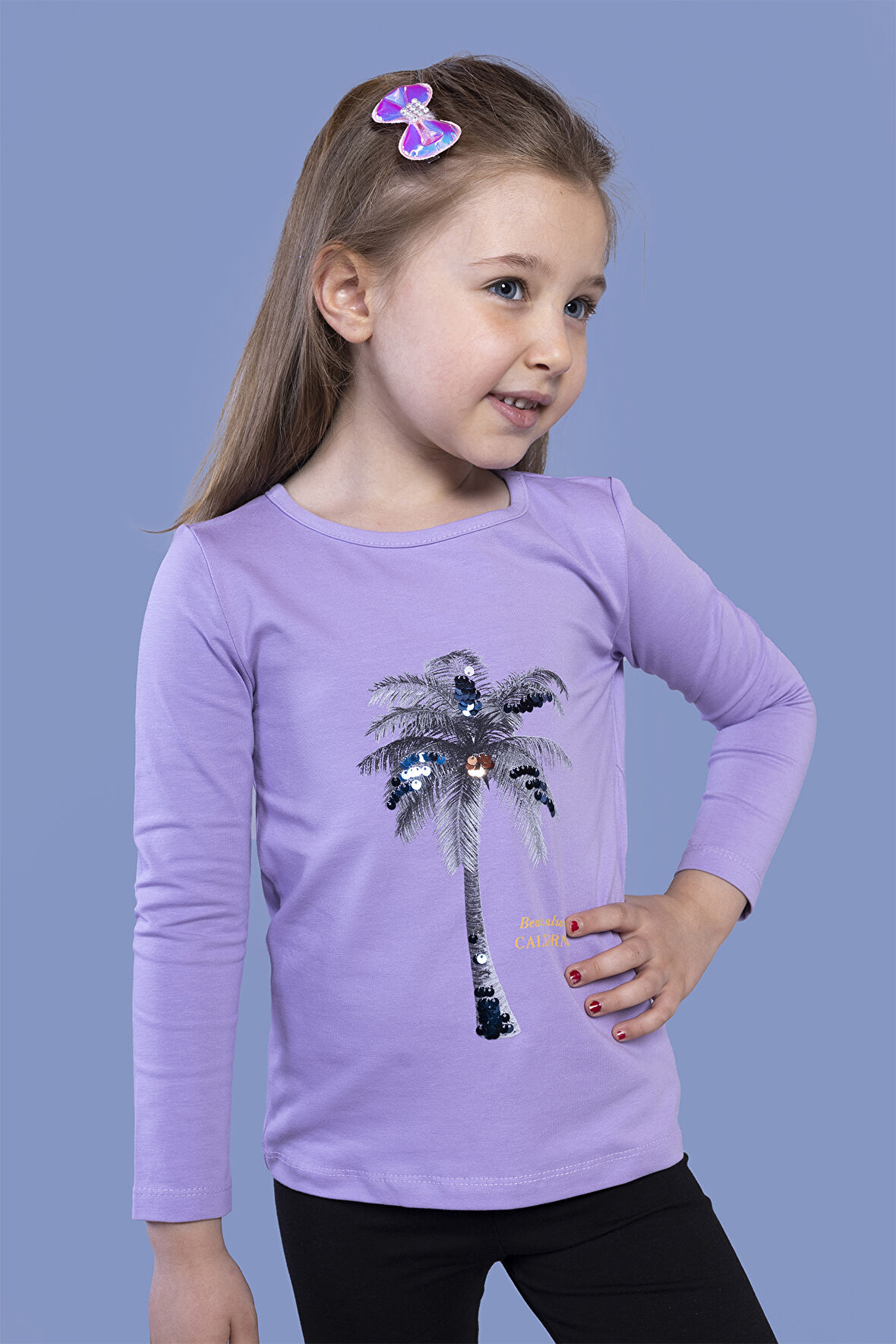 Toontoy Kız Çocuk Palmiye Baskılı Pul İşlemeli Tişört