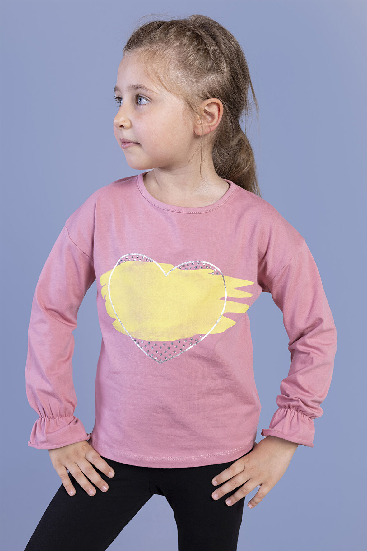 Toontoy Kız Çocuk Kol Ucu Lastikli Taş İşlemeli Baskılı Tişört