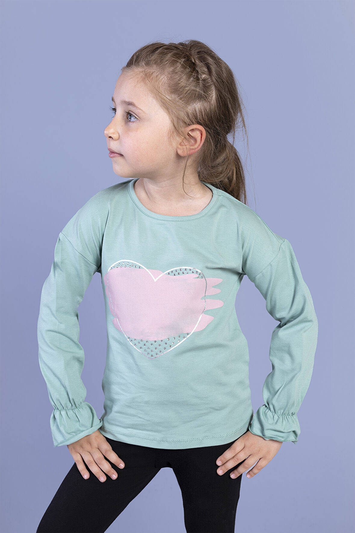 Toontoy Kız Çocuk Kol Ucu Lastikli Taş İşlemeli Baskılı Tişört