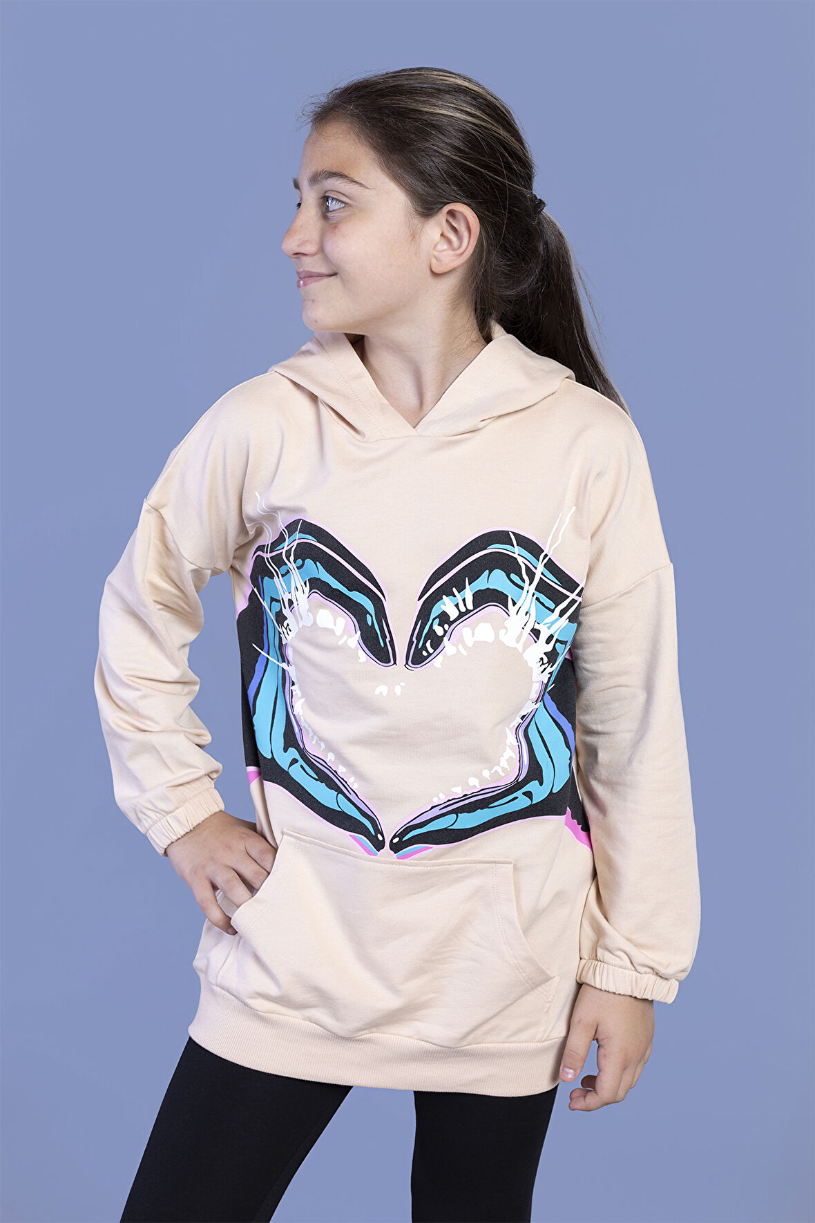 Toontoy Kız Çocuk Kapüşonlu Kanguru Cepli Baskılı Sweatshirt