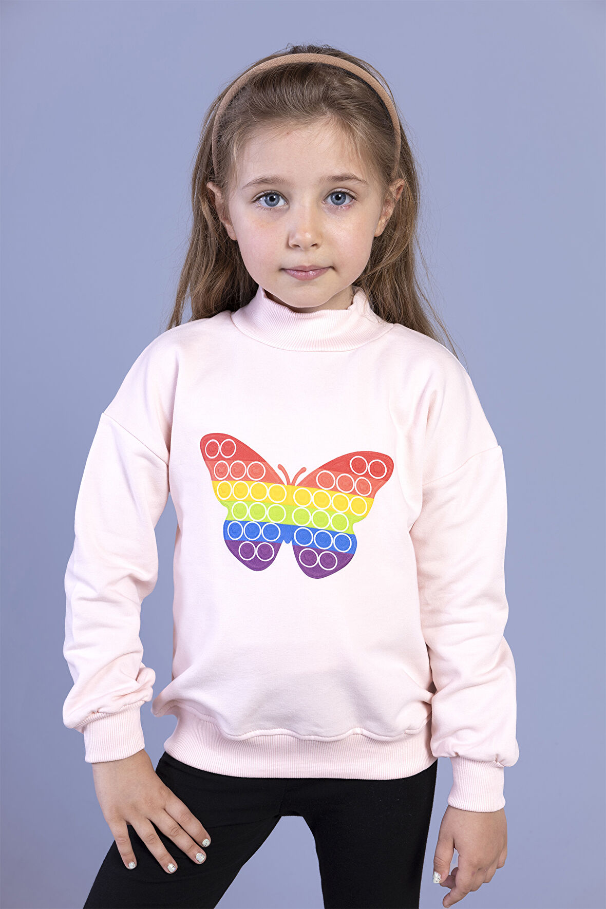 Toontoy Kız Çocuk Pamuklu Balıkçı Yaka Popıt Desenli Sweatshirt