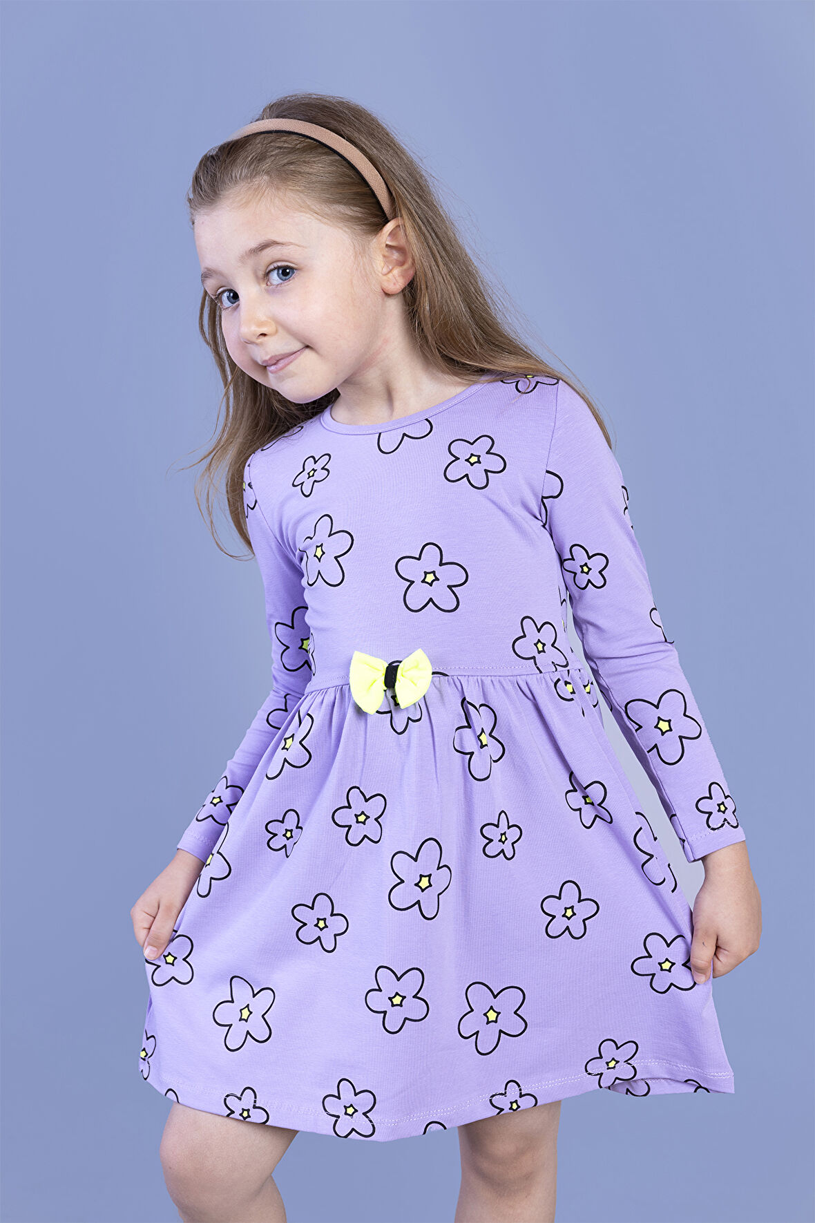 Toontoy Kız Çocuk Çiçek Desenli Fiyonk Detaylı Elbise