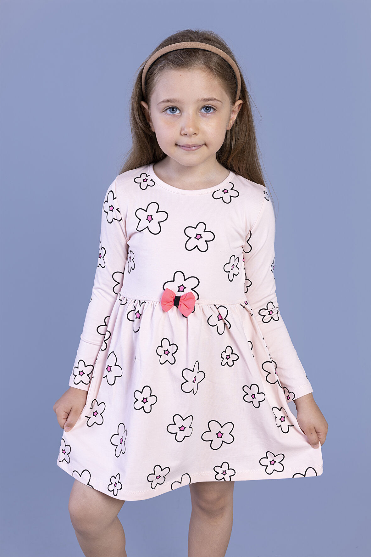 Toontoy Kız Çocuk Çiçek Desenli Fiyonk Detaylı Elbise