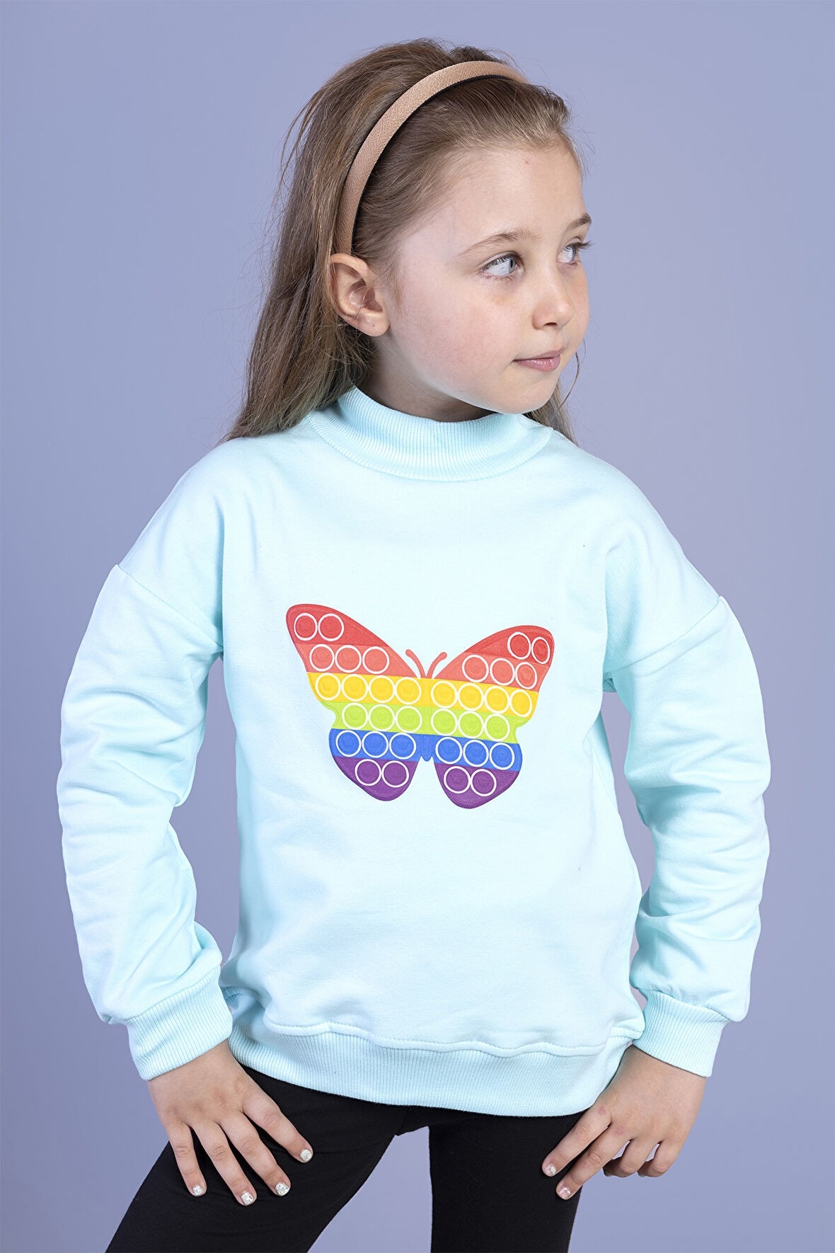 Toontoy Kız Çocuk Pamuklu Balıkçı Yaka Popıt Desenli Sweatshirt