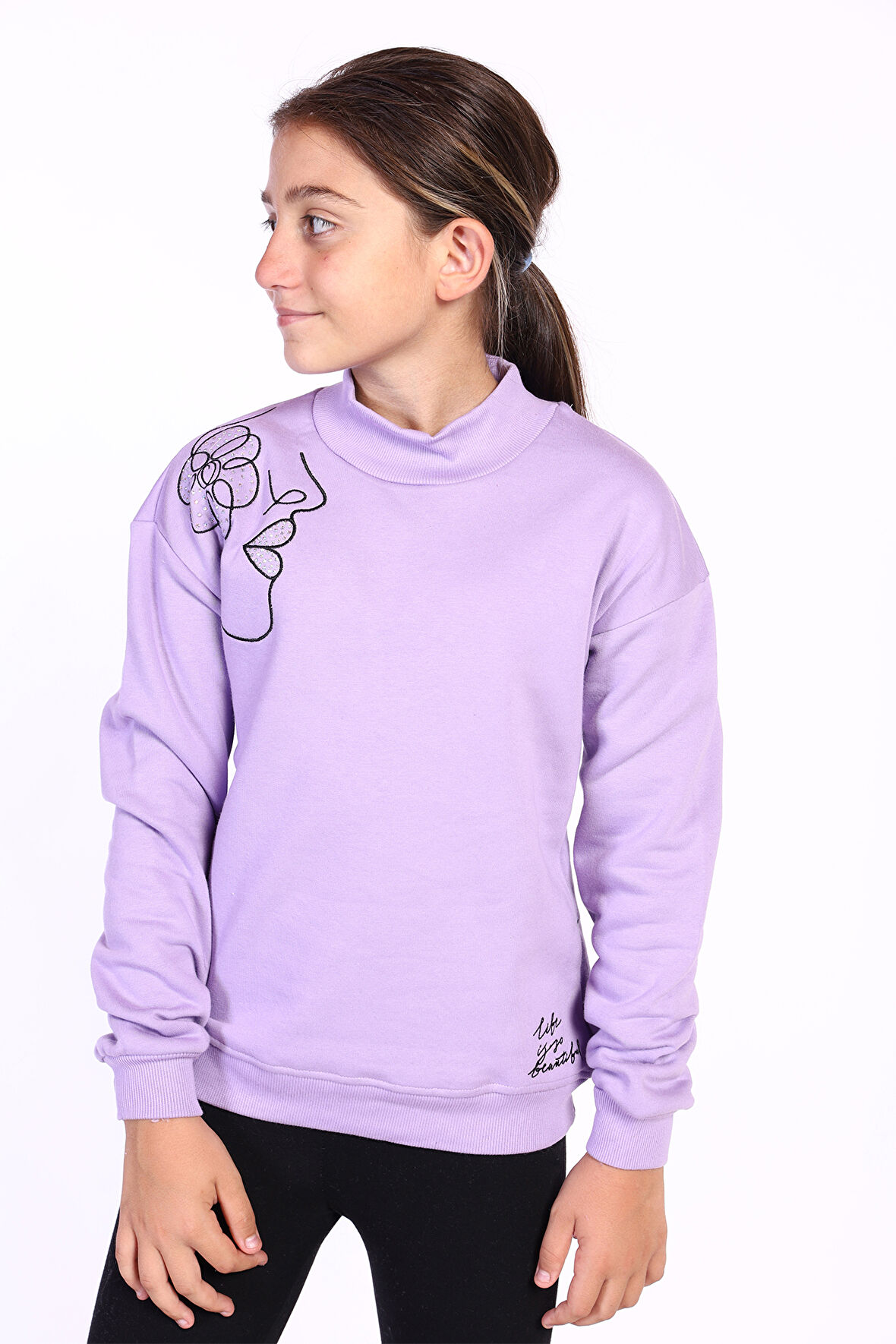 Toontoy Kız Çocuk Nakışlı Taş İşlemeli Balıkçı Yaka Sweatshirt