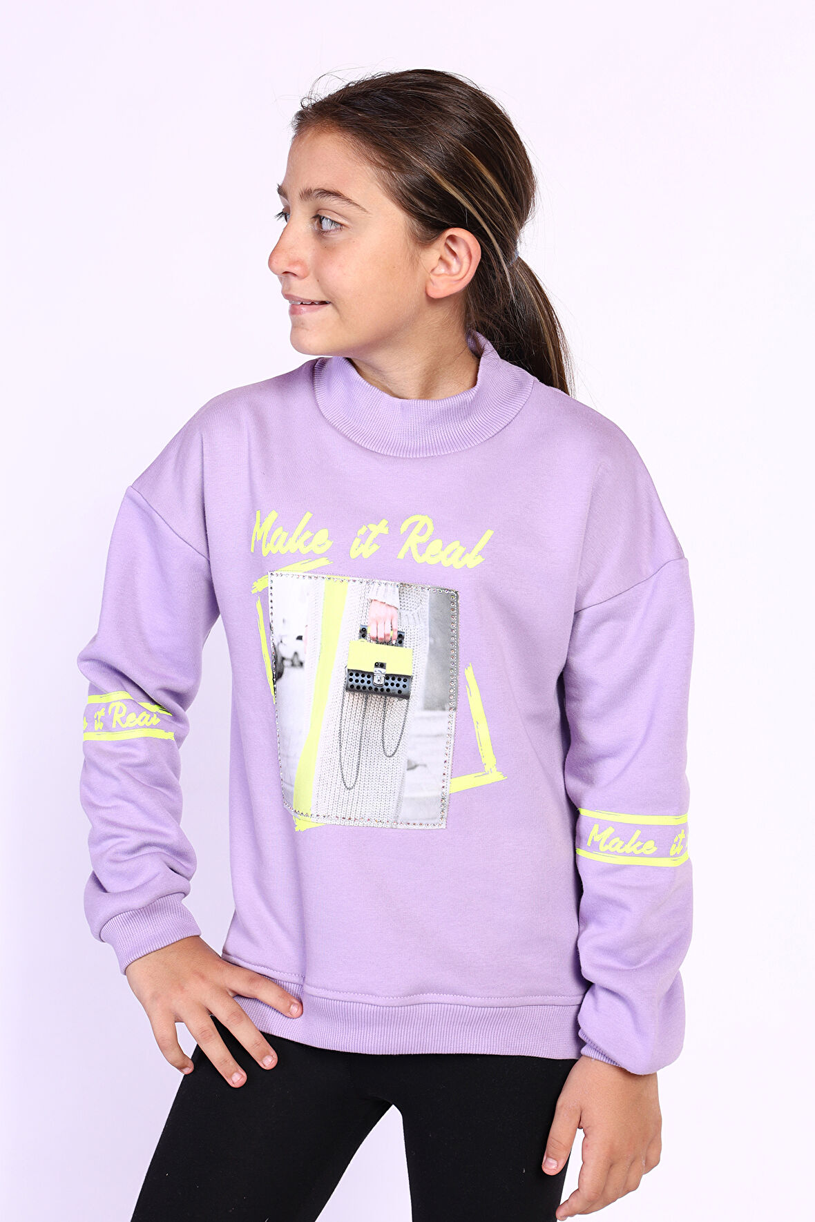 Toontoy Kız Çocuk Baskılı Taş İşlemeli Balıkçı Yaka Sweatshirt