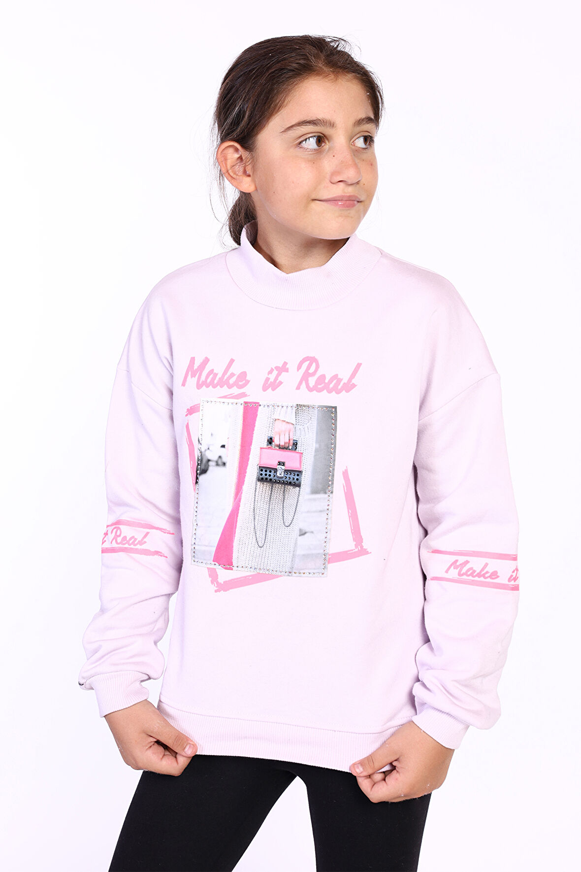 Toontoy Kız Çocuk Baskılı Taş İşlemeli Balıkçı Yaka Sweatshirt