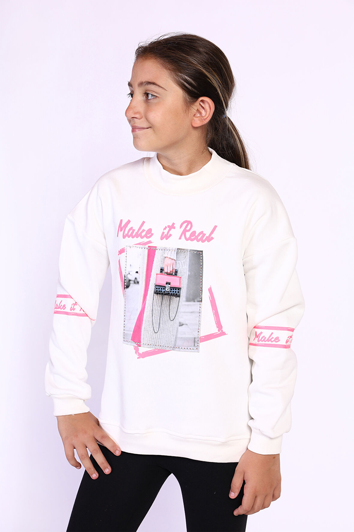 Toontoy Kız Çocuk Baskılı Taş İşlemeli Balıkçı Yaka Sweatshirt