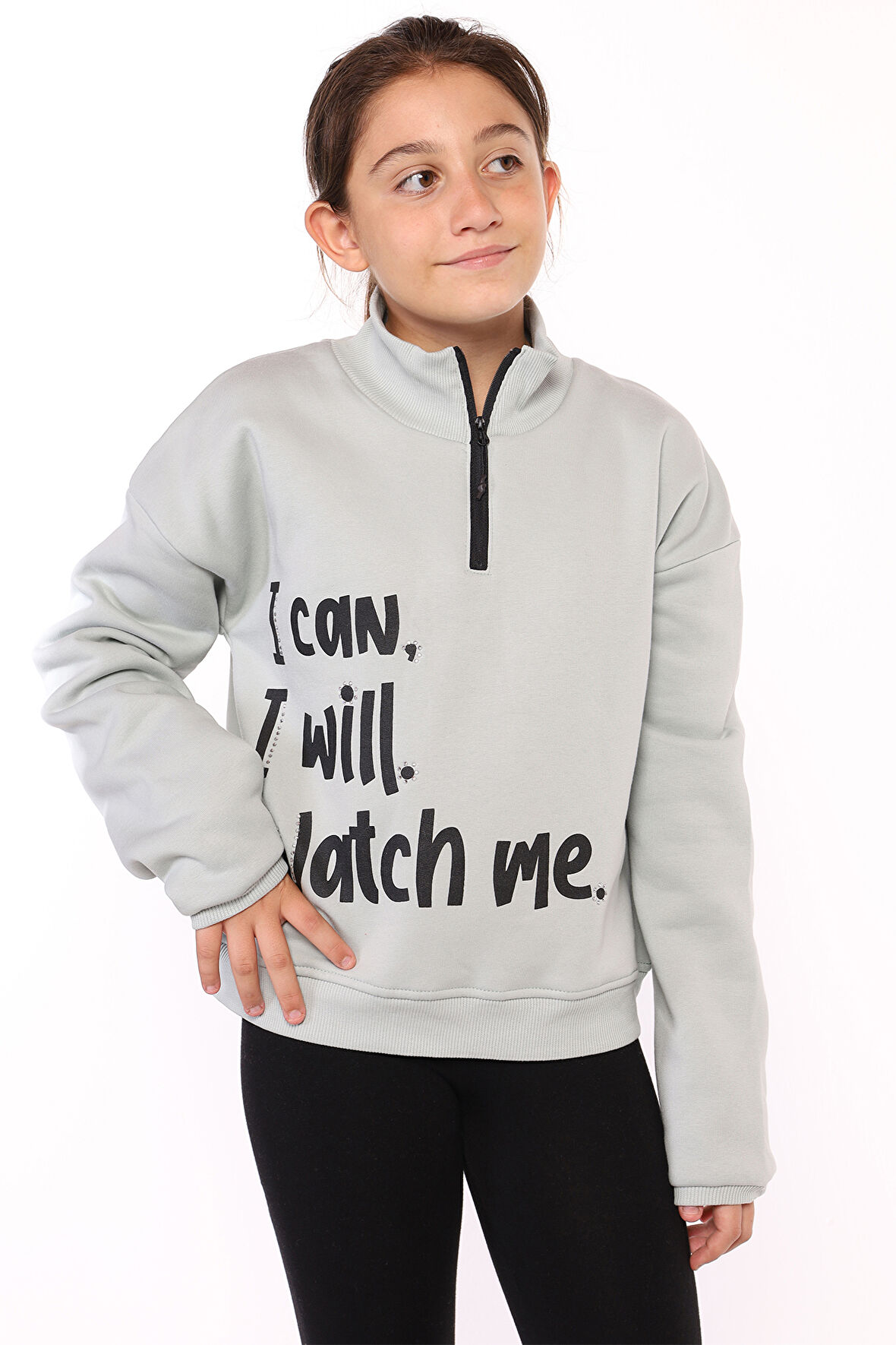 Toontoy Kız Çocuk Dik Yaka Fermuarlı Baskılı Sweatshirt