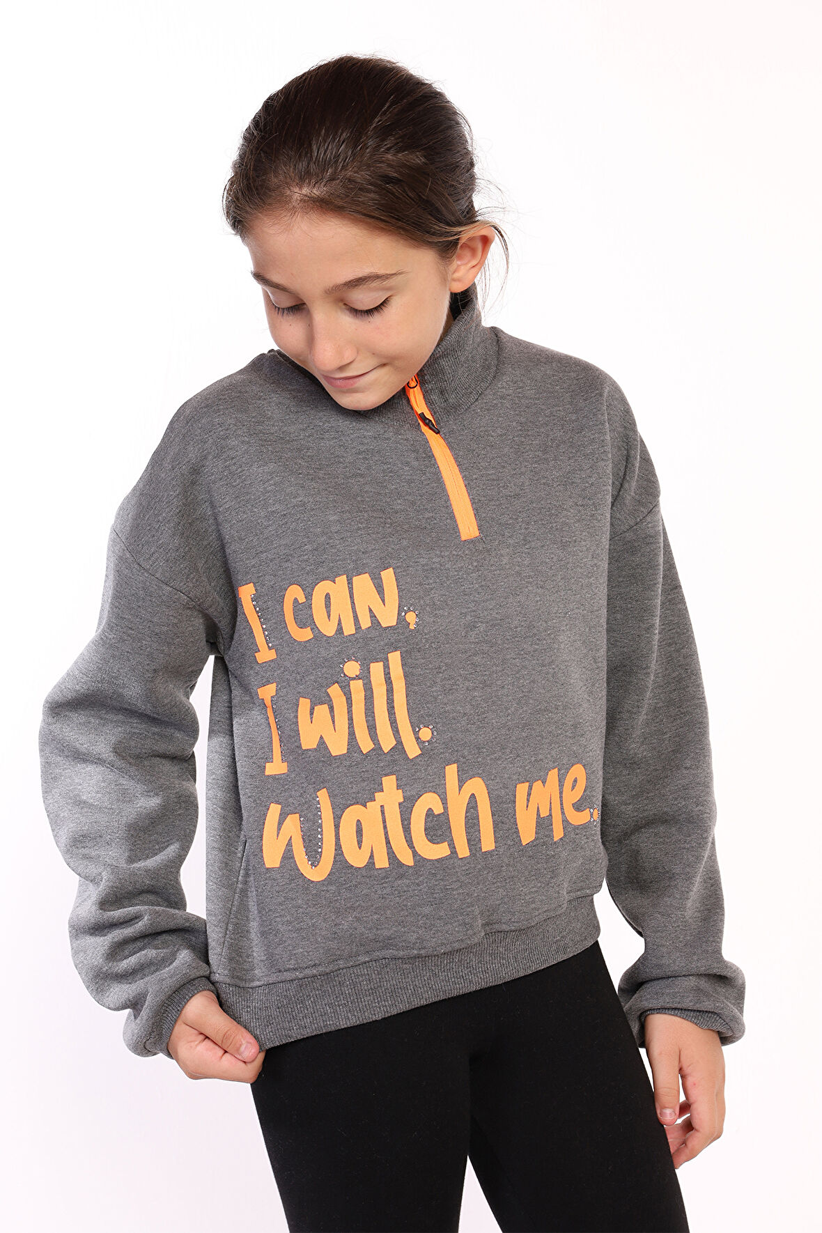 Toontoy Kız Çocuk Dik Yaka Fermuarlı Baskılı Sweatshirt