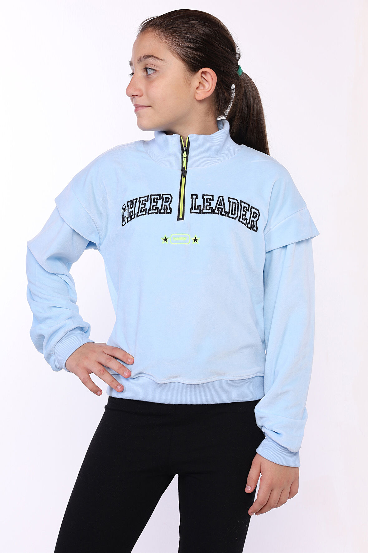 Toontoy Kız Çocuk Fermuar Detaylı Nakışlı Kadife Sweatshirt