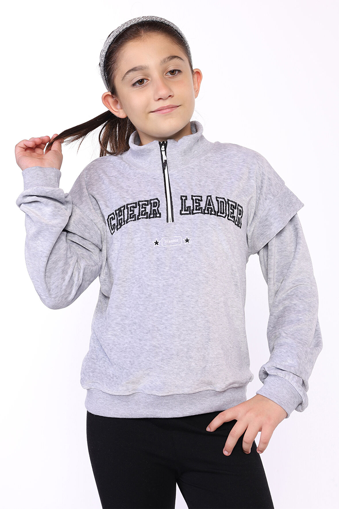 Toontoy Kız Çocuk Fermuar Detaylı Nakışlı Kadife Sweatshirt