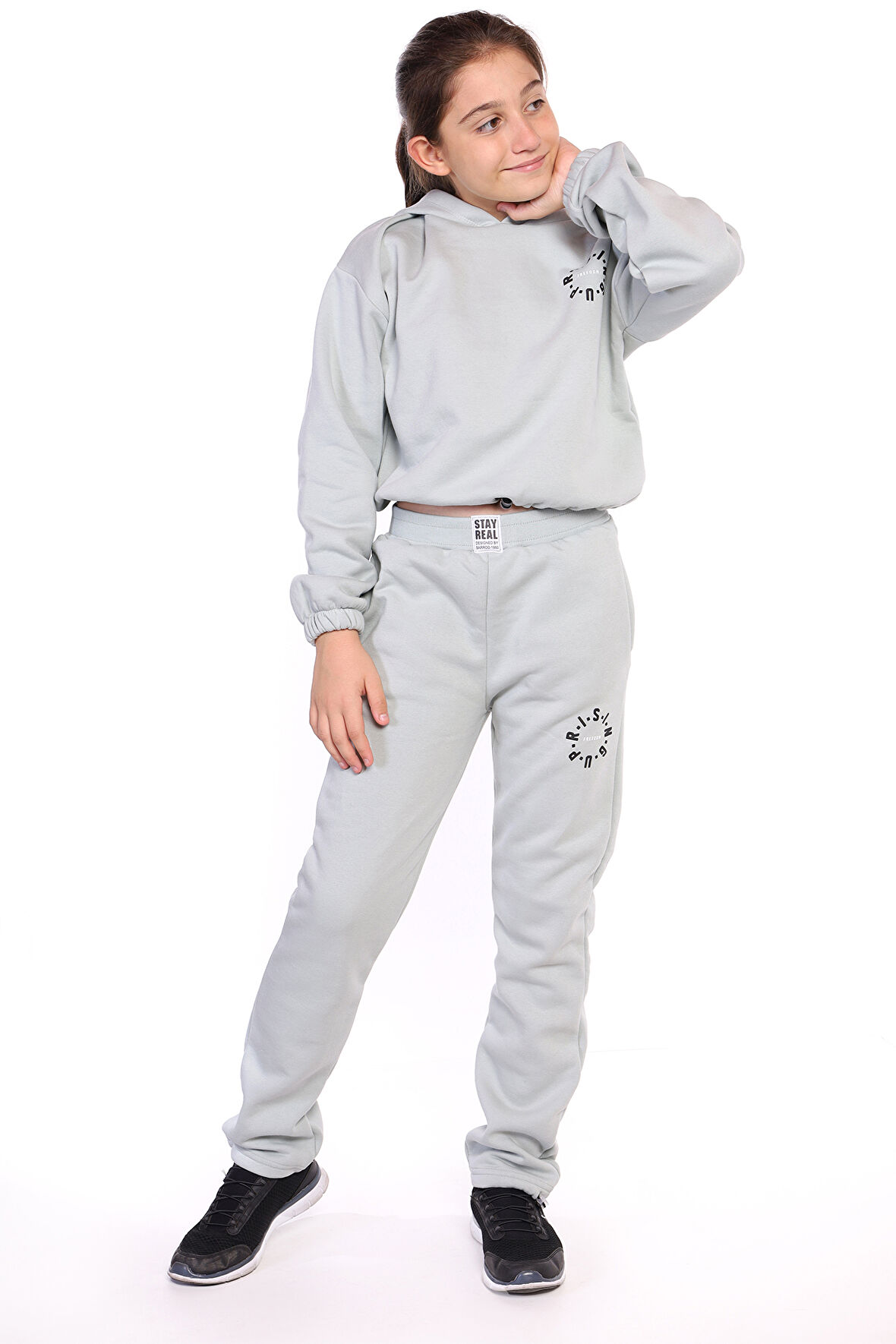 Toontoy Kız Çocuk Kapüşonlu Baskılı Crop Takım