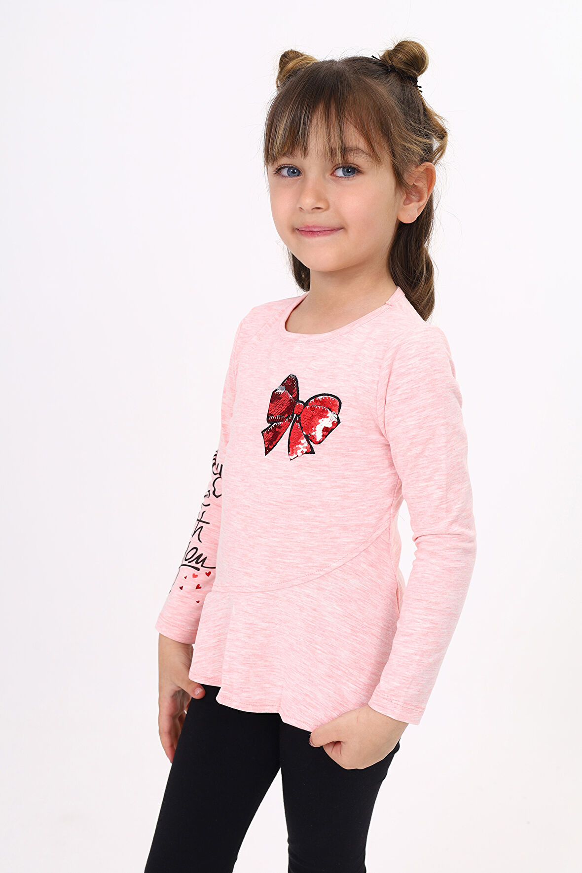 Toontoy Kız Çocuk Göğsü Pullu Fiyonklu Nakışlı T-Shirt