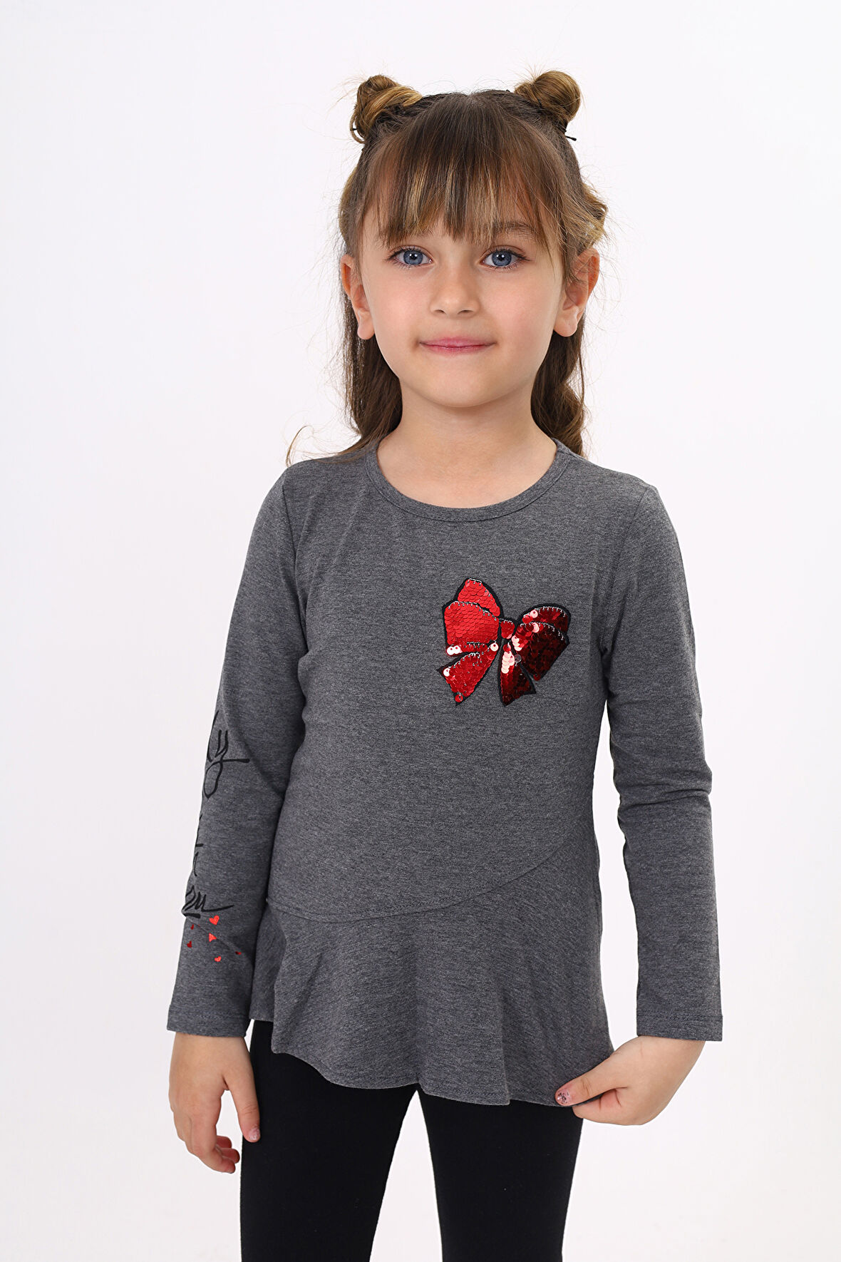 Toontoy Kız Çocuk Göğsü Pullu Fiyonklu Nakışlı T-Shirt