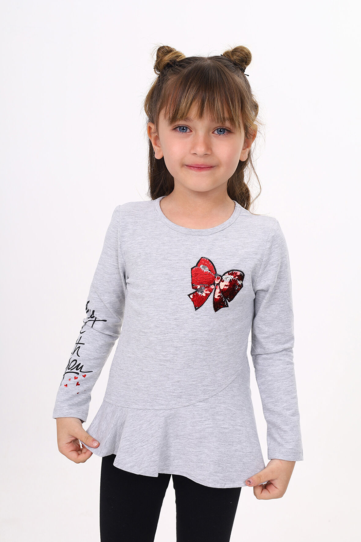 Toontoy Kız Çocuk Göğsü Pullu Fiyonklu Nakışlı T-Shirt