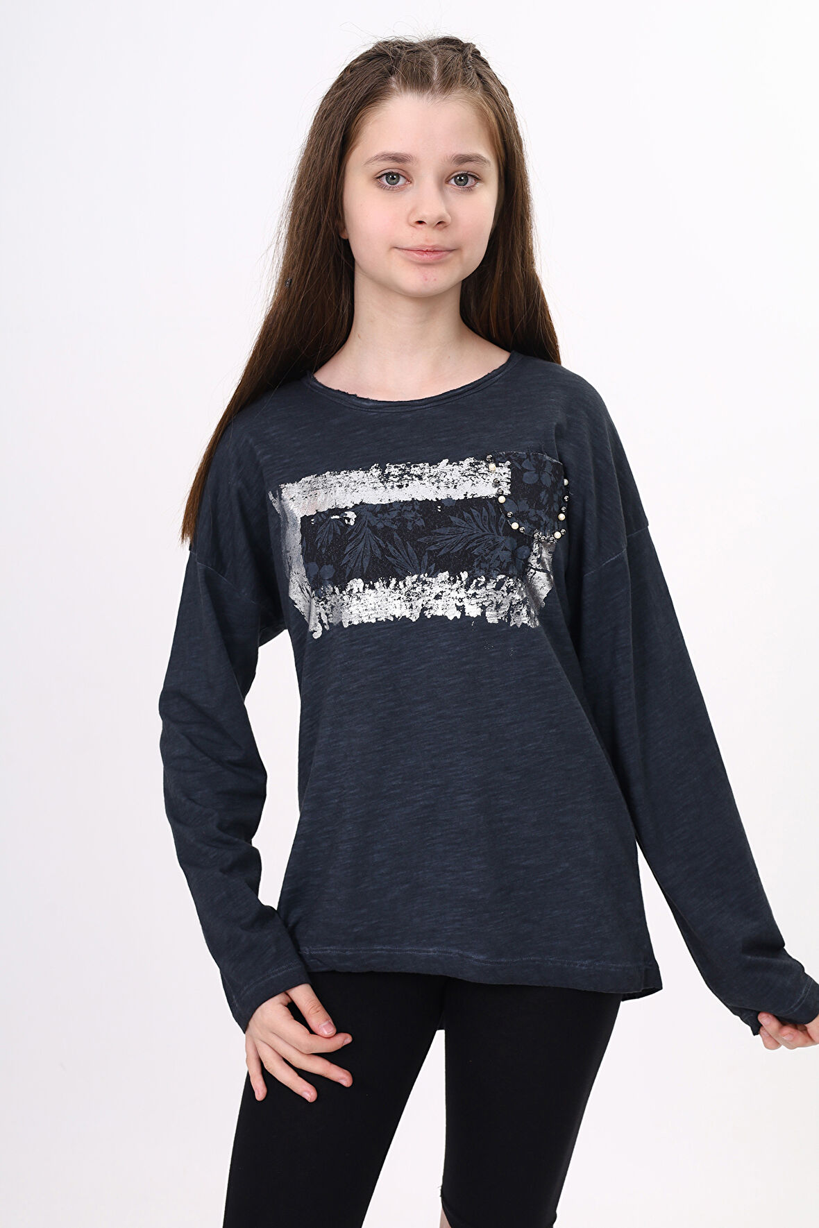 Toontoy Kız Çocuk Tişört Göğsü Cepli Varak Baskılı