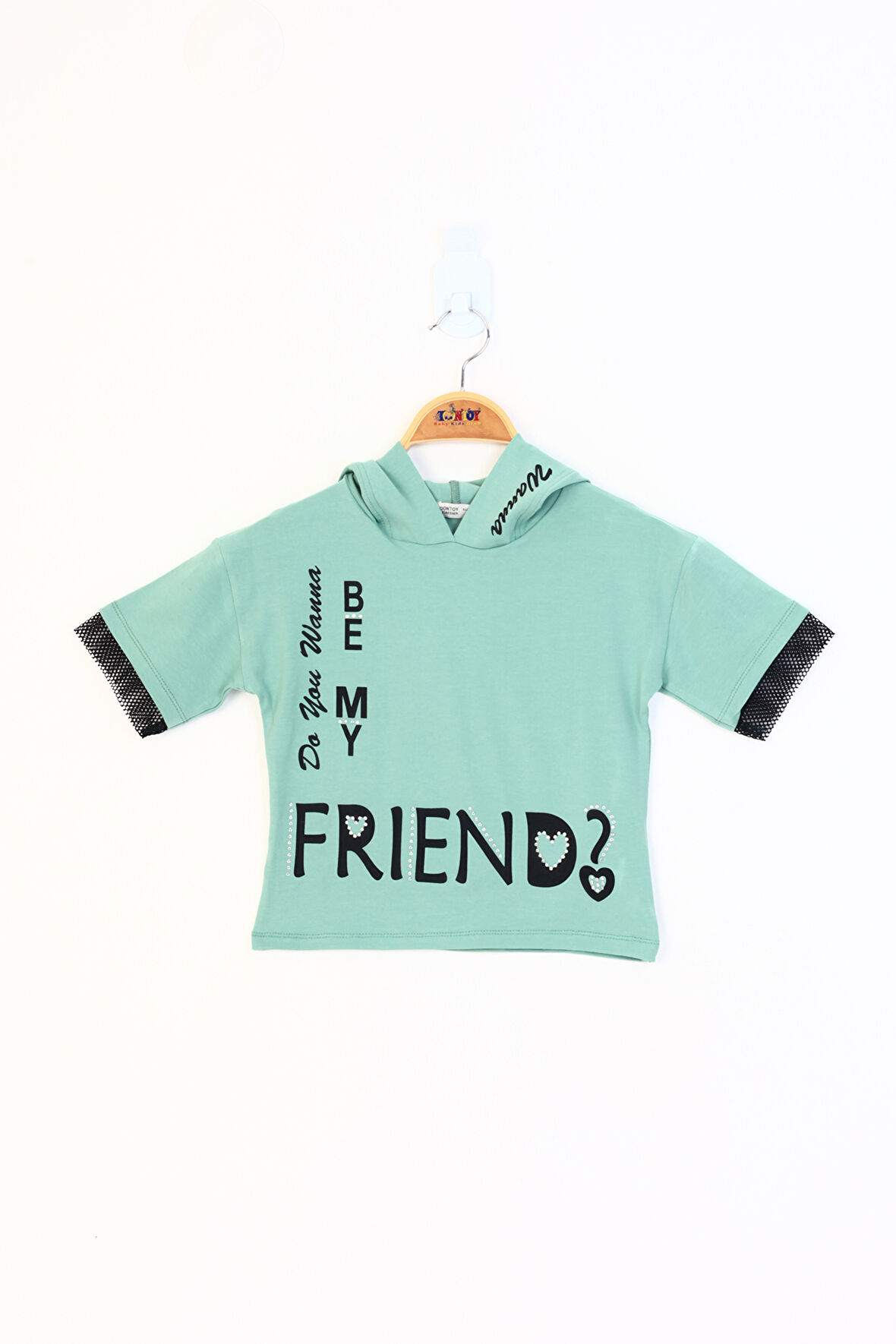 Toontoy Kız Çocuk Kapüşonlu Kolları File Detaylı Baskılı Tişört