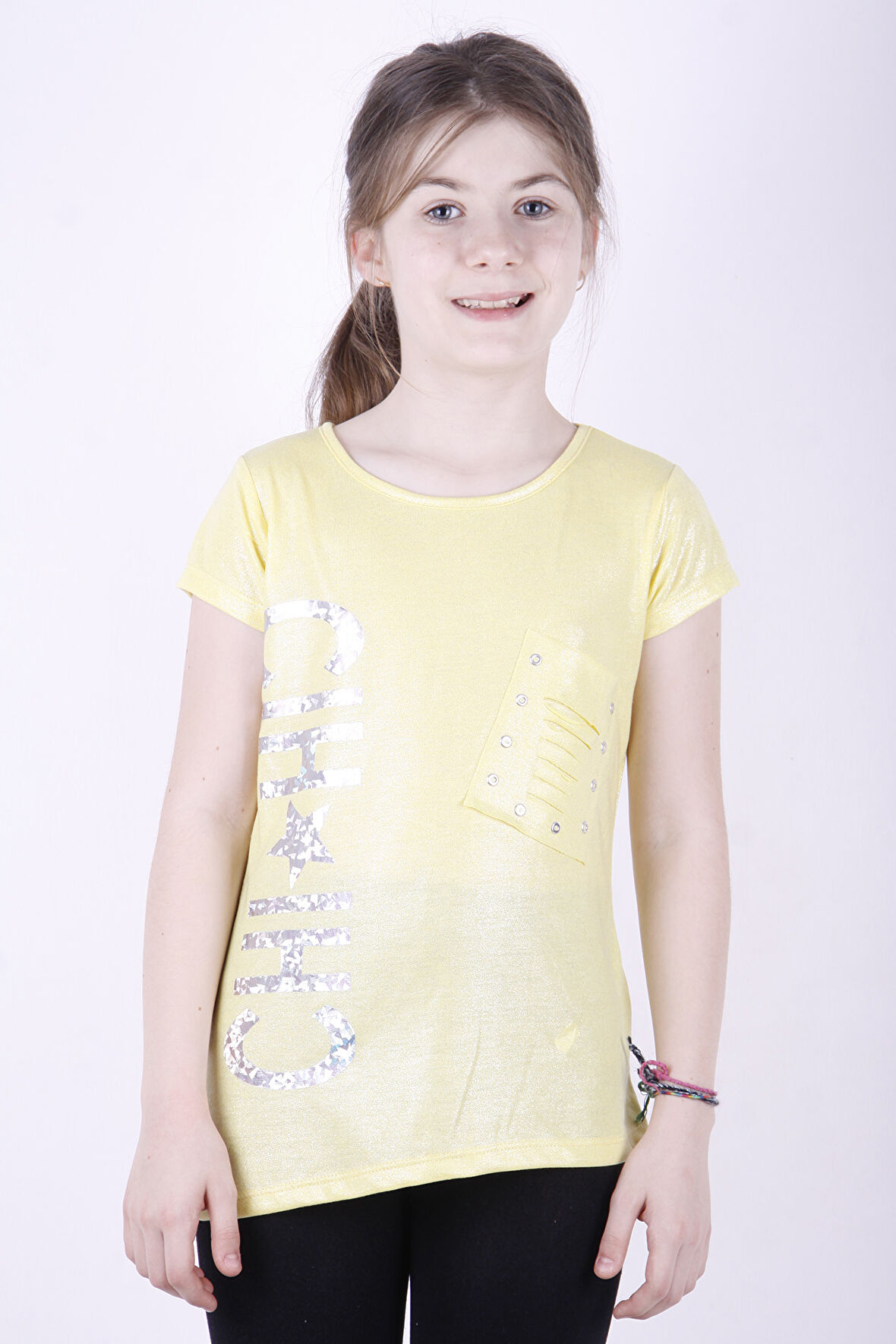 Toontoy Kız Çocuk Yıldız Baskılı Kesik Cep Detaylı Tişört