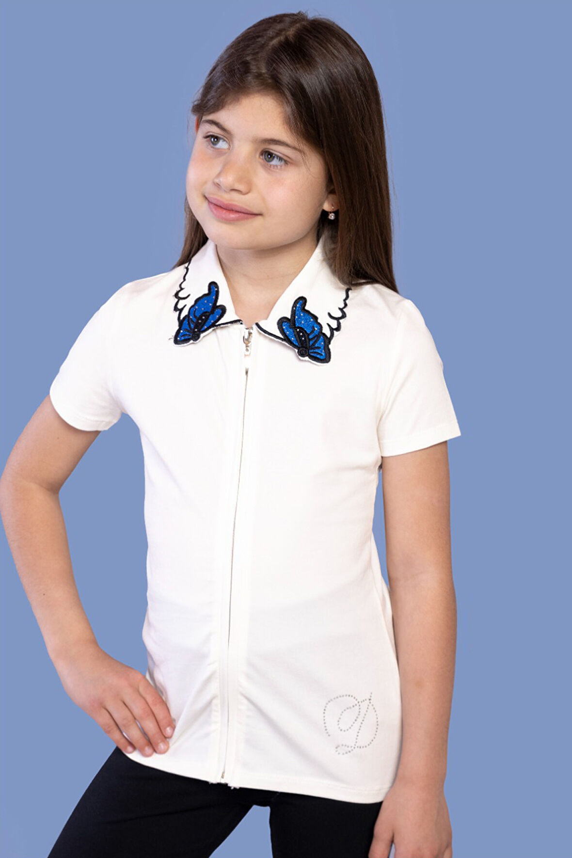 Toontoy Kız Çocuk Yakası Kelebek Nakışlı Tişört