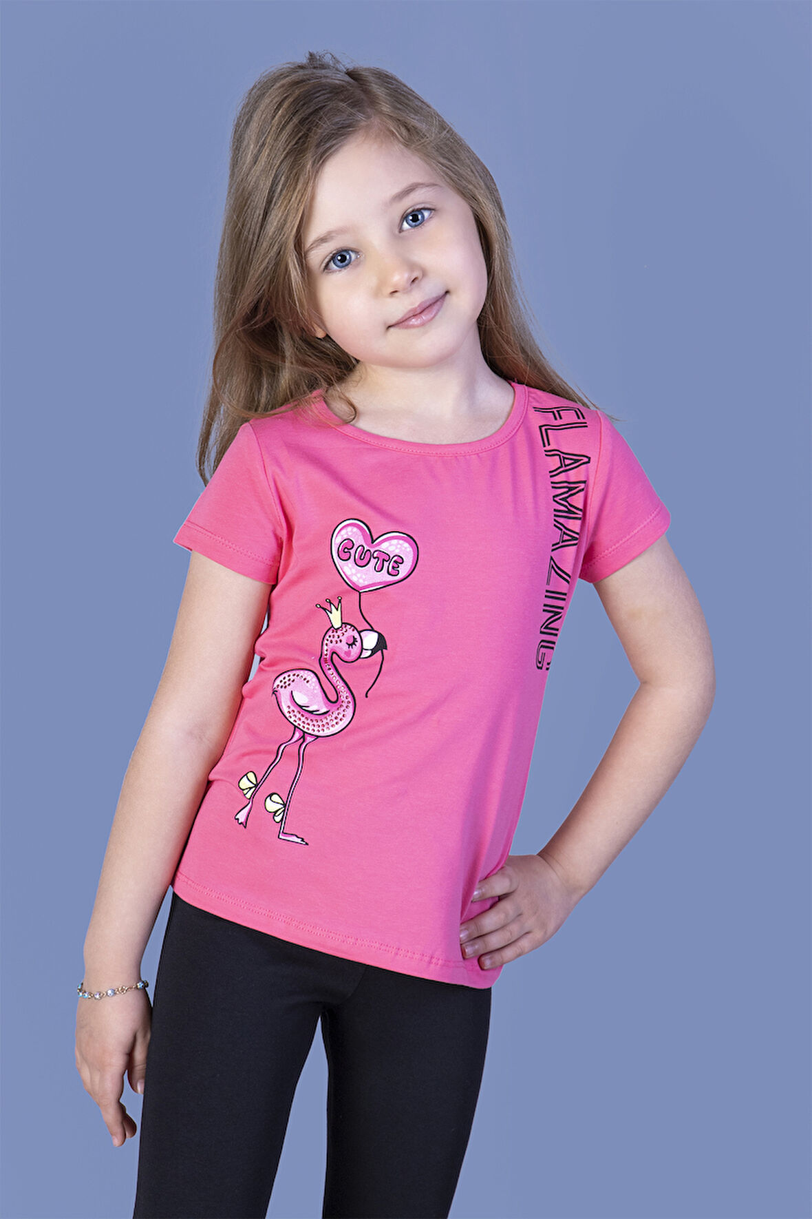 Toontoy Kız Çocuk Flamingo Desenli Taş İşlemeli Baskılı Tişört