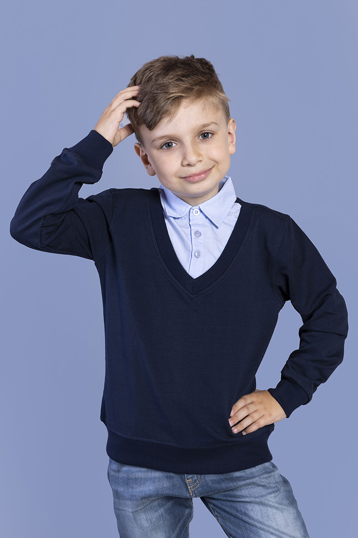 Toontoy Erkek Çocuk Gömlek Yaka Okul Sweatshirt