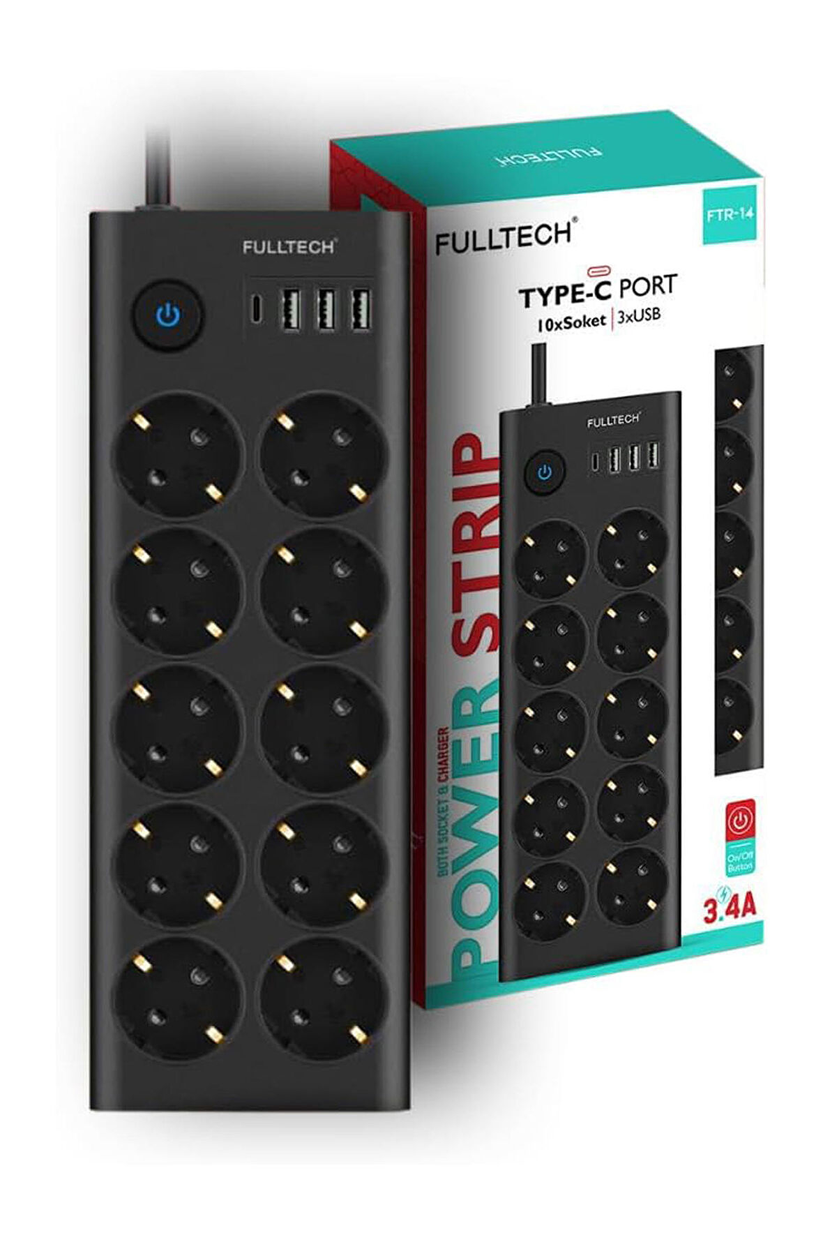Fulltech FTR14 Type-C Girişli Akım Korumalı 10'lu Priz, 3 USB