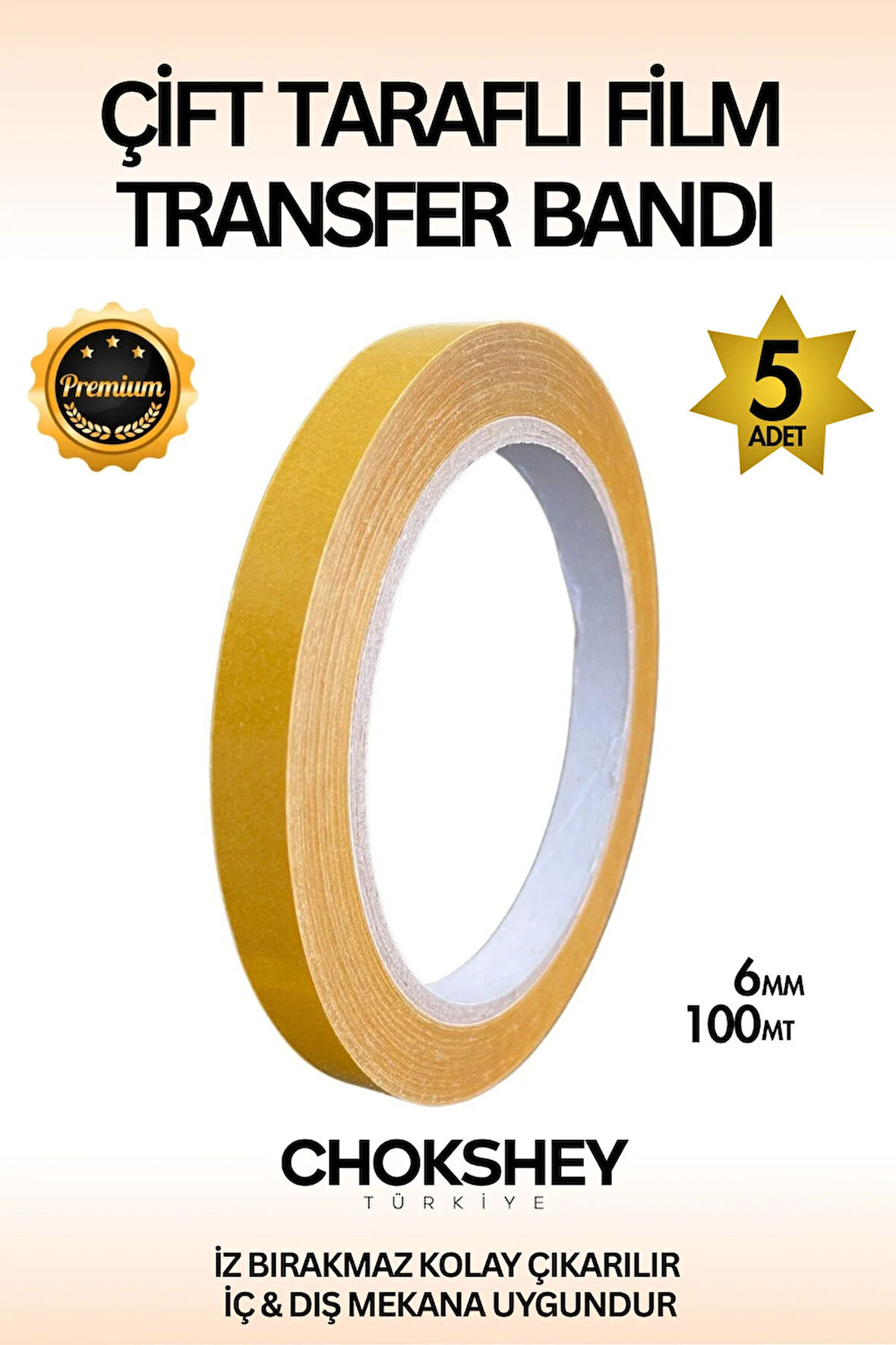 Premium Süper Tutuş Güçlü Şeffaf PP Özellikli Çift Taraflı Film Transfer Bant 6mmx100mt - 5 Adet