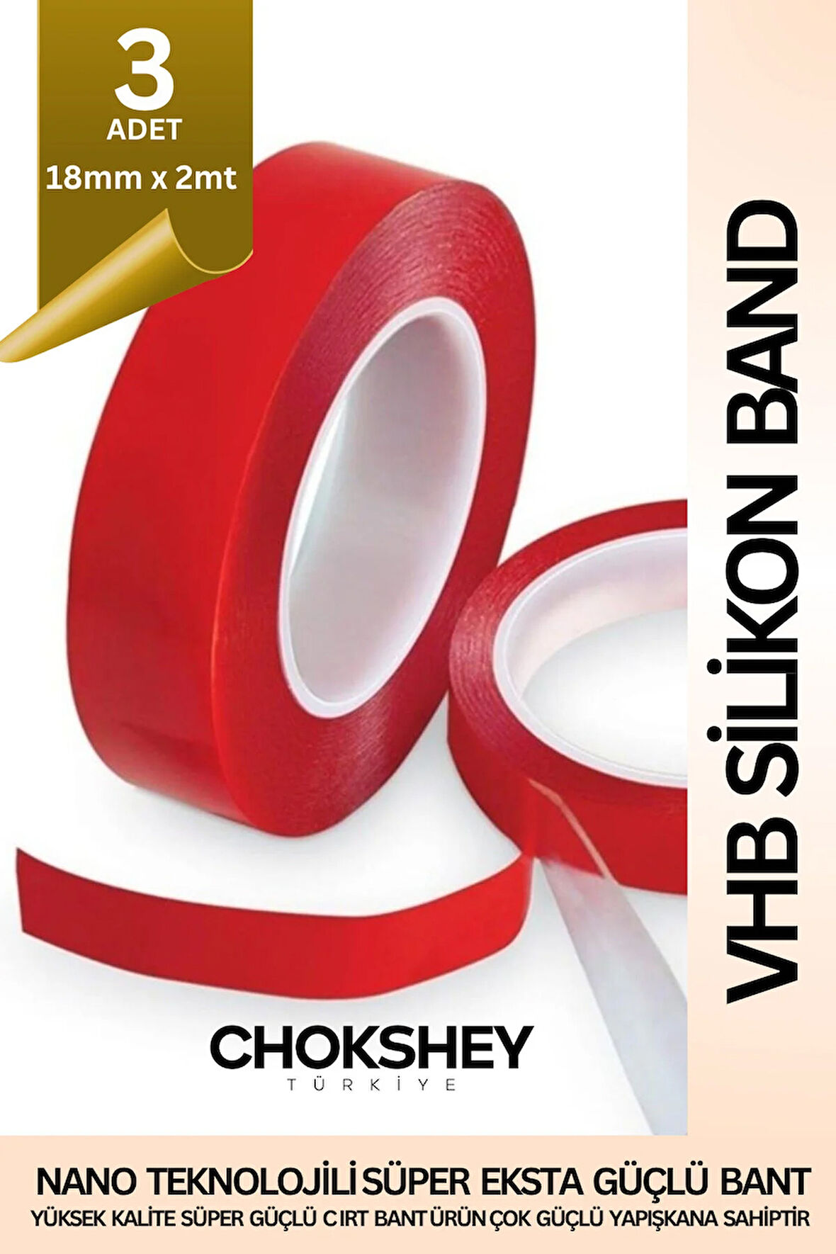 Vhb Silikon Şeffaf Çift Taraflı Bant 50 Kg Ekstra Güçlü İç Dış Mekan Uyumlu 18mmx2mt - 3 Adet