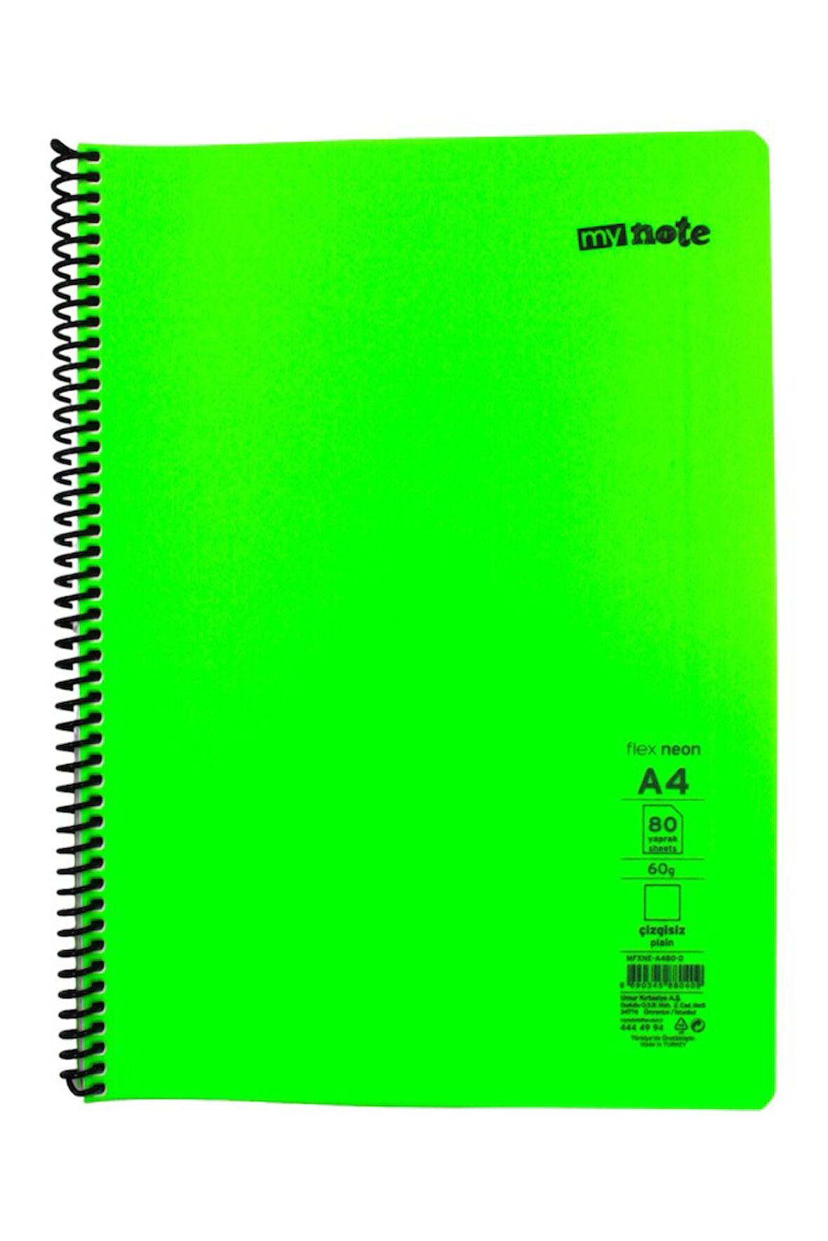 Mynote Flex A4 80 Yaprak Çizgisiz Spiralli Plastik Neon Kapak Defter