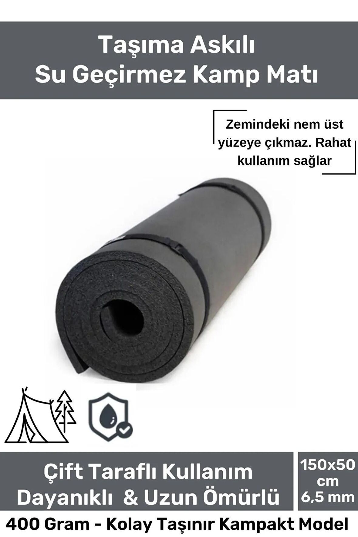 Dayanıklı Taşıma Askılı Konfor Modeli Çift Taraflı Kaymaz Yoga Meditasyon Minderi 16mm Siyah Mat