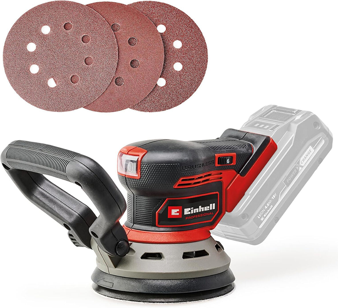 Professional akülü eksantrik zımpara TP-RS 18/32 Li BL-Solo Power X-Change (18 V, fırçasız, 3,2 mm salınım, 125 mm taşlama plakası, aşındırıcı kağıt dahil, aküsüz)